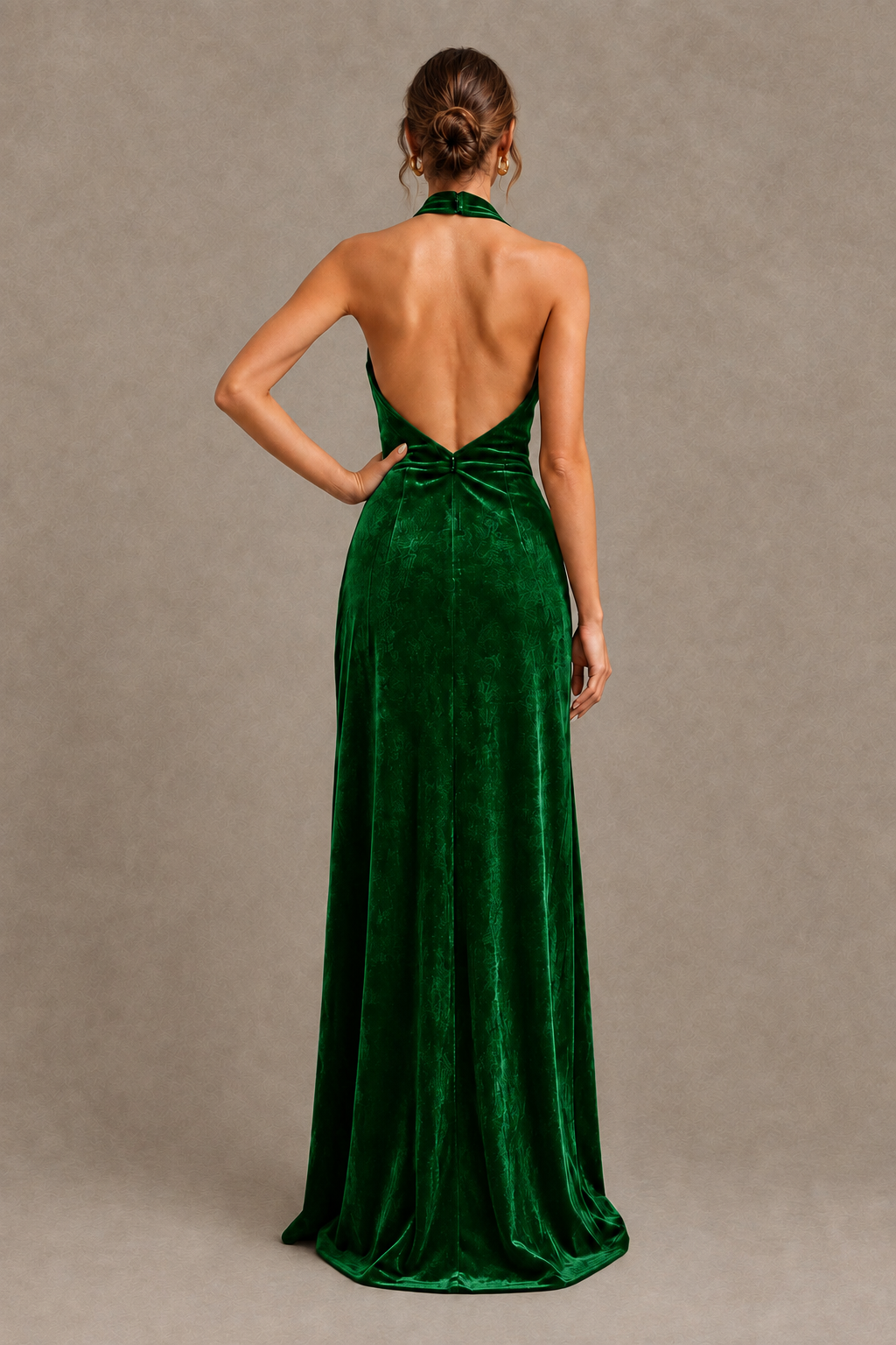 BOLODOO Emerald Green Velvet Halter Neck Open Back Evening Gown - Emerald Green