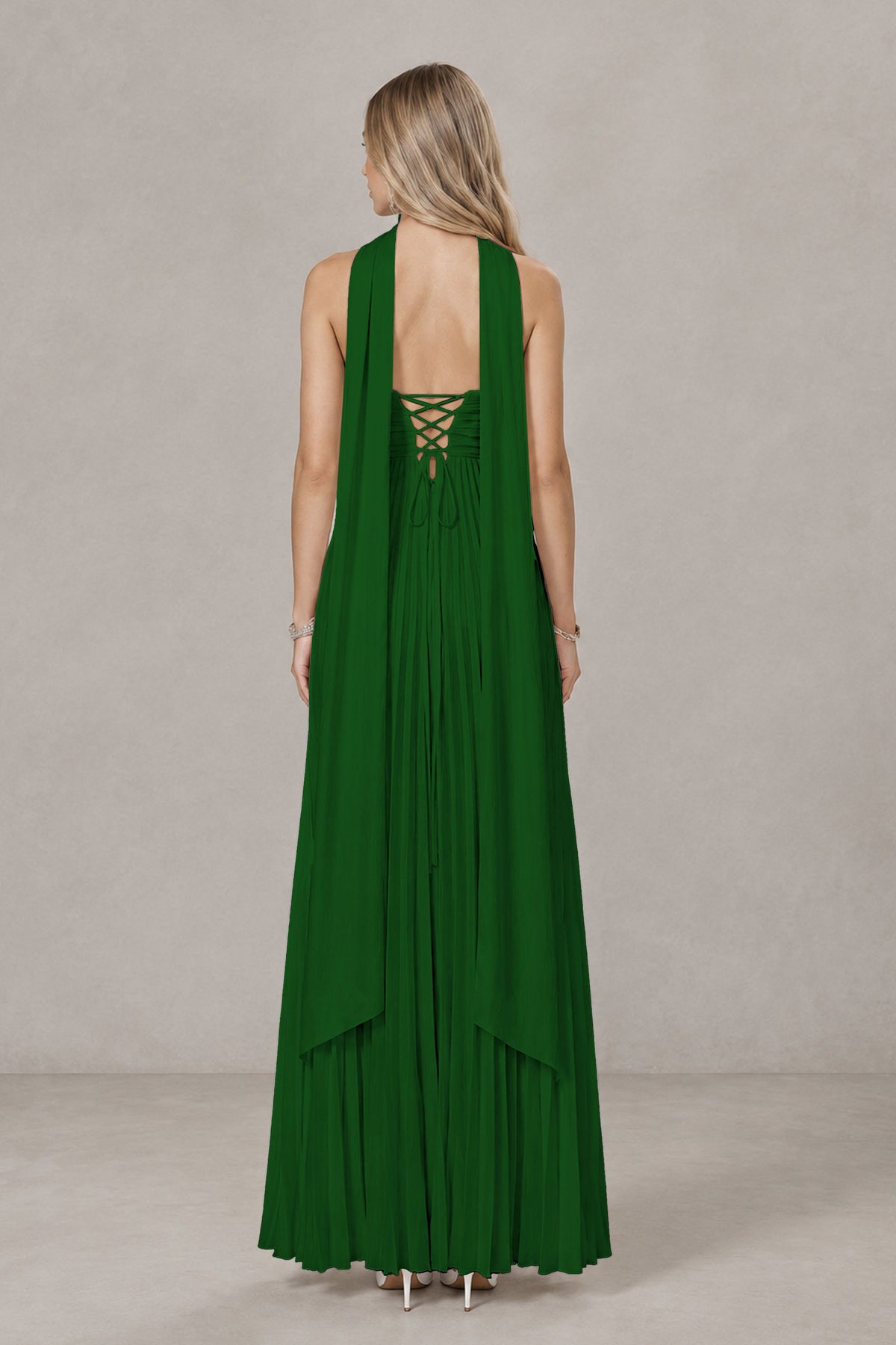 BOLODOO Emerald Green Strapless Chiffon-Look Maxi Dress with Lace-Up Back & Cape - Emerald Green