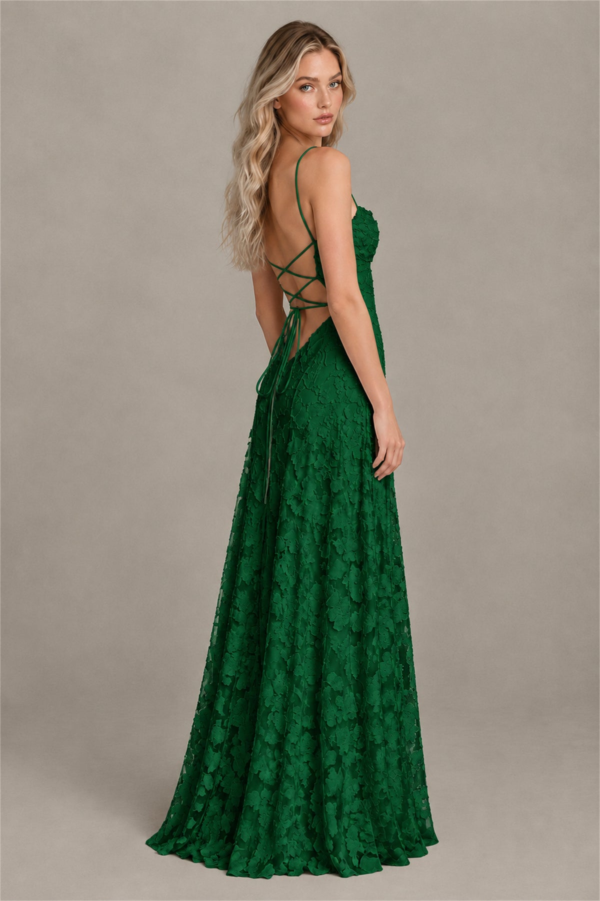 BOLODOO Emerald Green Floral Appliqué Lace-Up Back Maxi Dress - Emerald Green