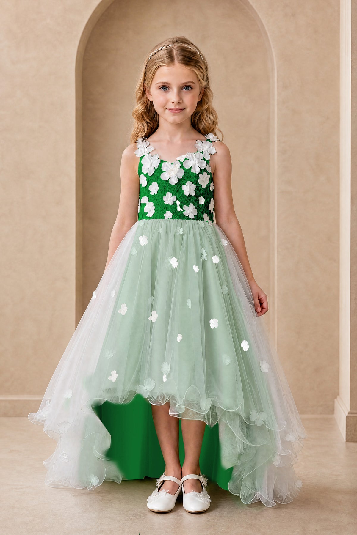 BOLODOO Emerald Green Flower Girl Dress with Floral Appliqué and High-Low Tulle Skirt - Emerald Green