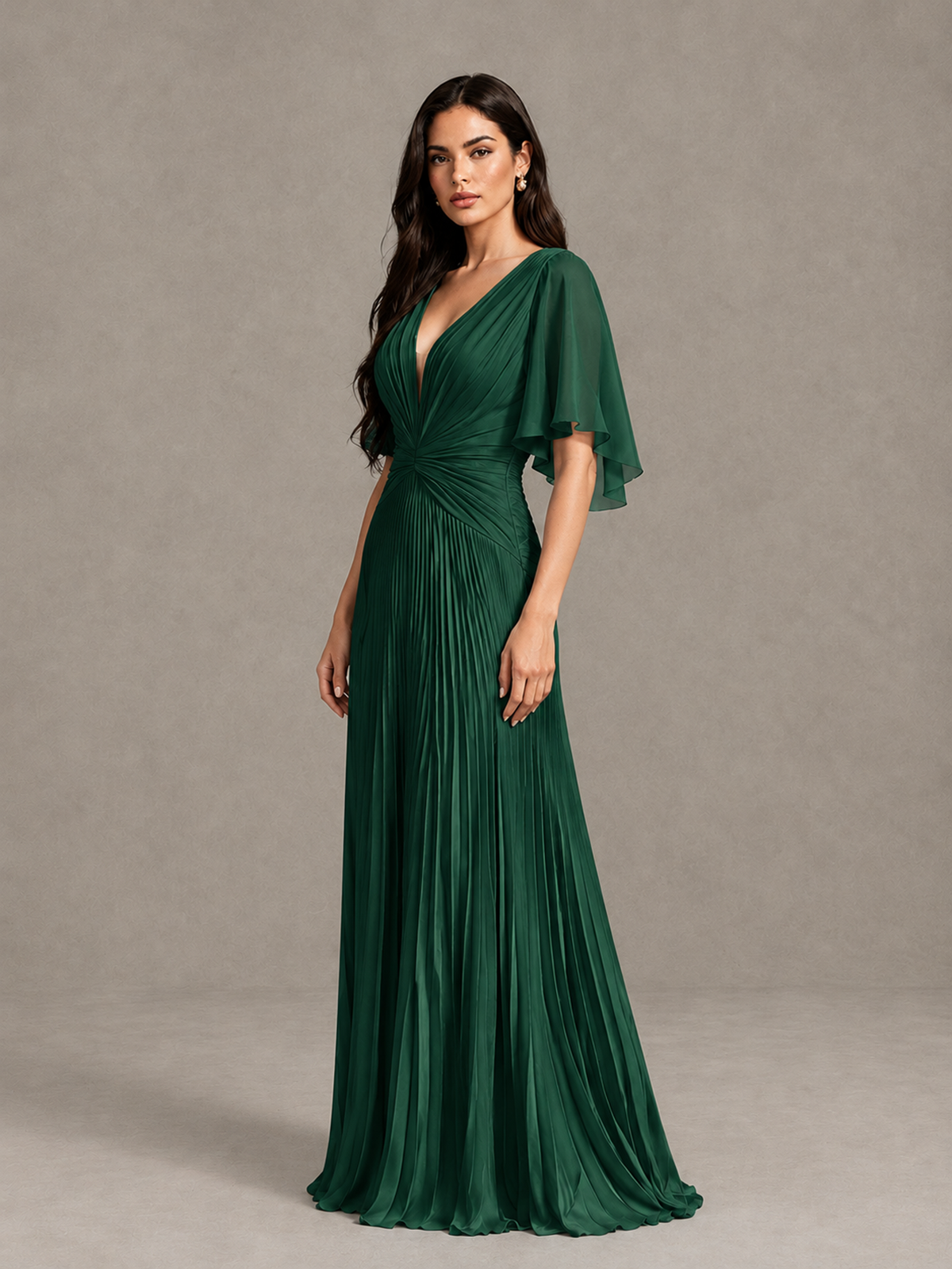 BOLODOO Emerald Green Pleated V-Neck Flutter Sleeve Bridesmaid Dress - Emerald Green - Emerald Green (2)