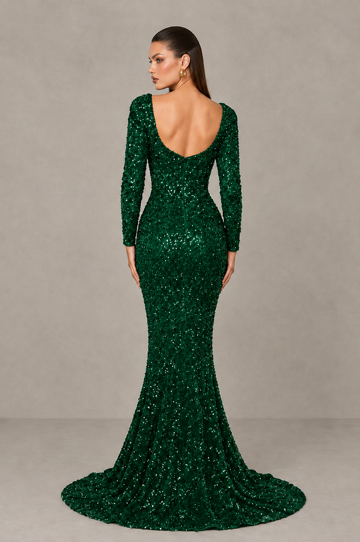 BOLODOO Emerald Green Sequin Long Sleeve Evening Gown with High Slit - Emerald Green - Emerald Green (2)