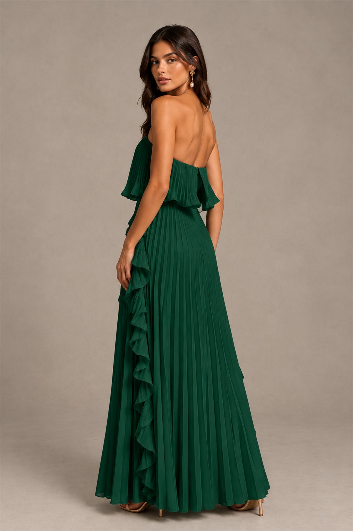 BOLODOO Emerald Green Strapless Ruffle Bodice Dual Cascading Ruffle Accordion Pleated Chiffon Maxi Dress - Emerald Green
