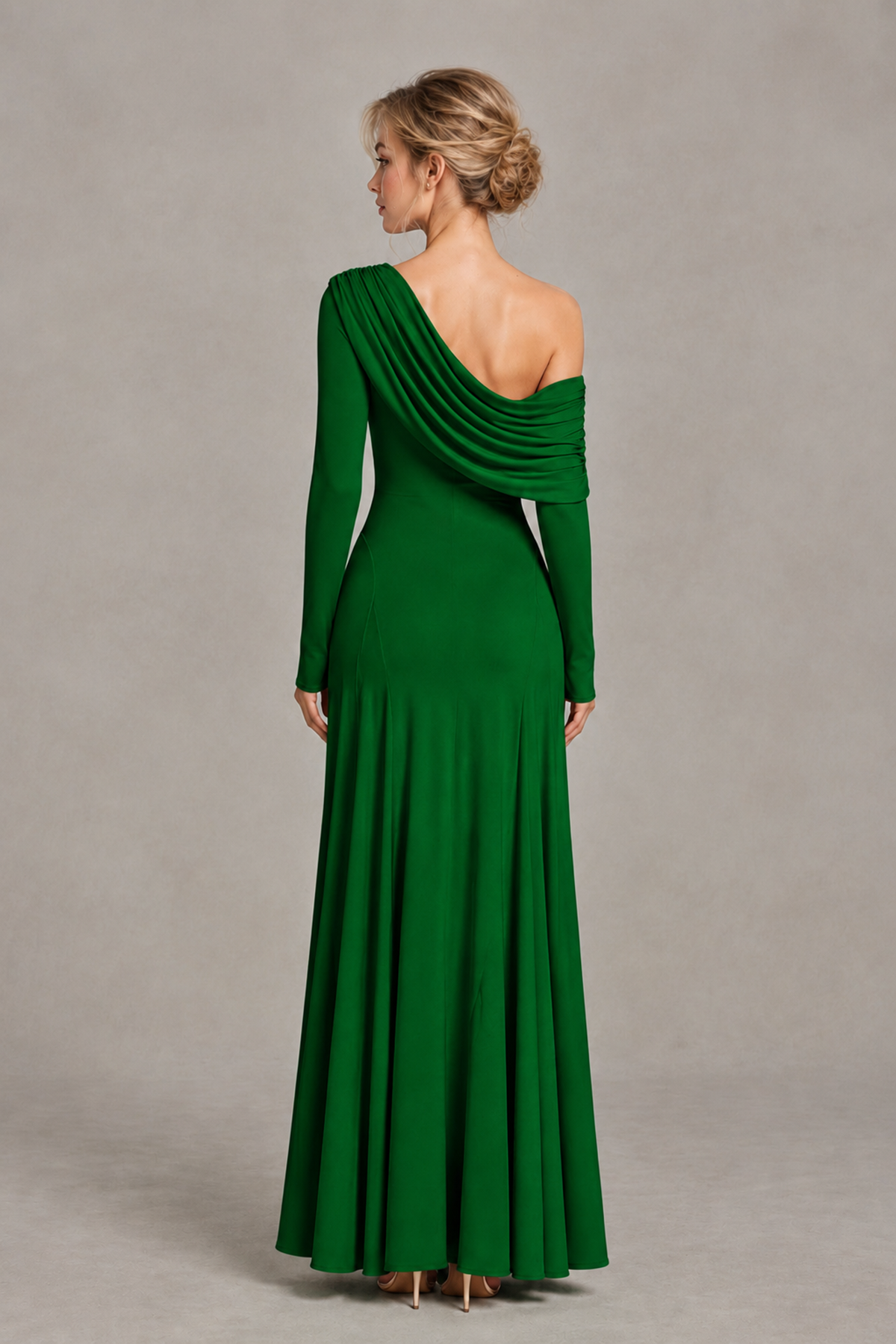 BOLODOO Emerald Green Asymmetric Draped Long Sleeve Evening Gown - Emerald Green