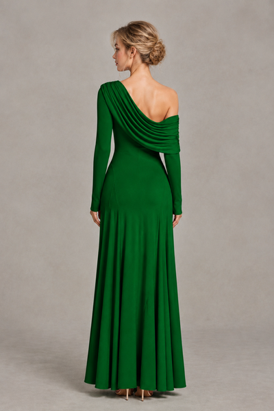 BOLODOO Emerald Green Asymmetric Draped Long Sleeve Evening Gown - Emerald Green