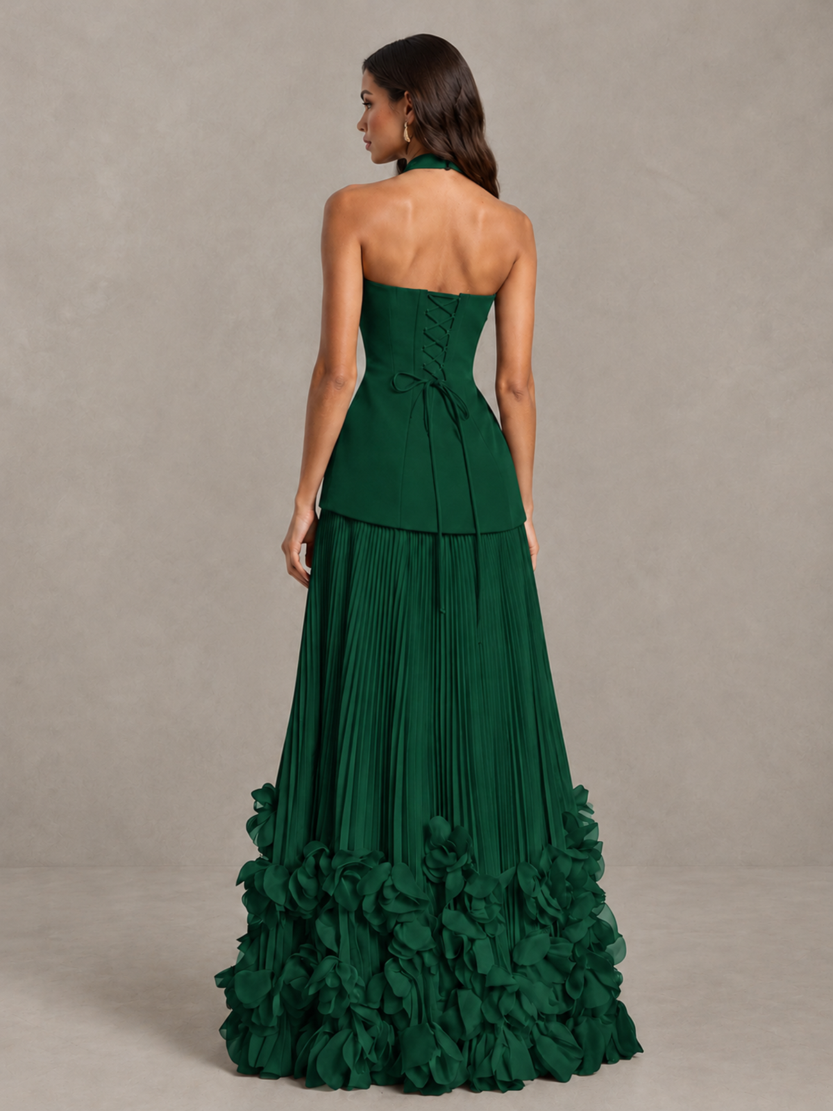 BOLODOO Emerald Green Halter Neck Floor-Length Evening Gown with High Slit & 3D Floral Hem - Emerald Green - Emerald Green (2)