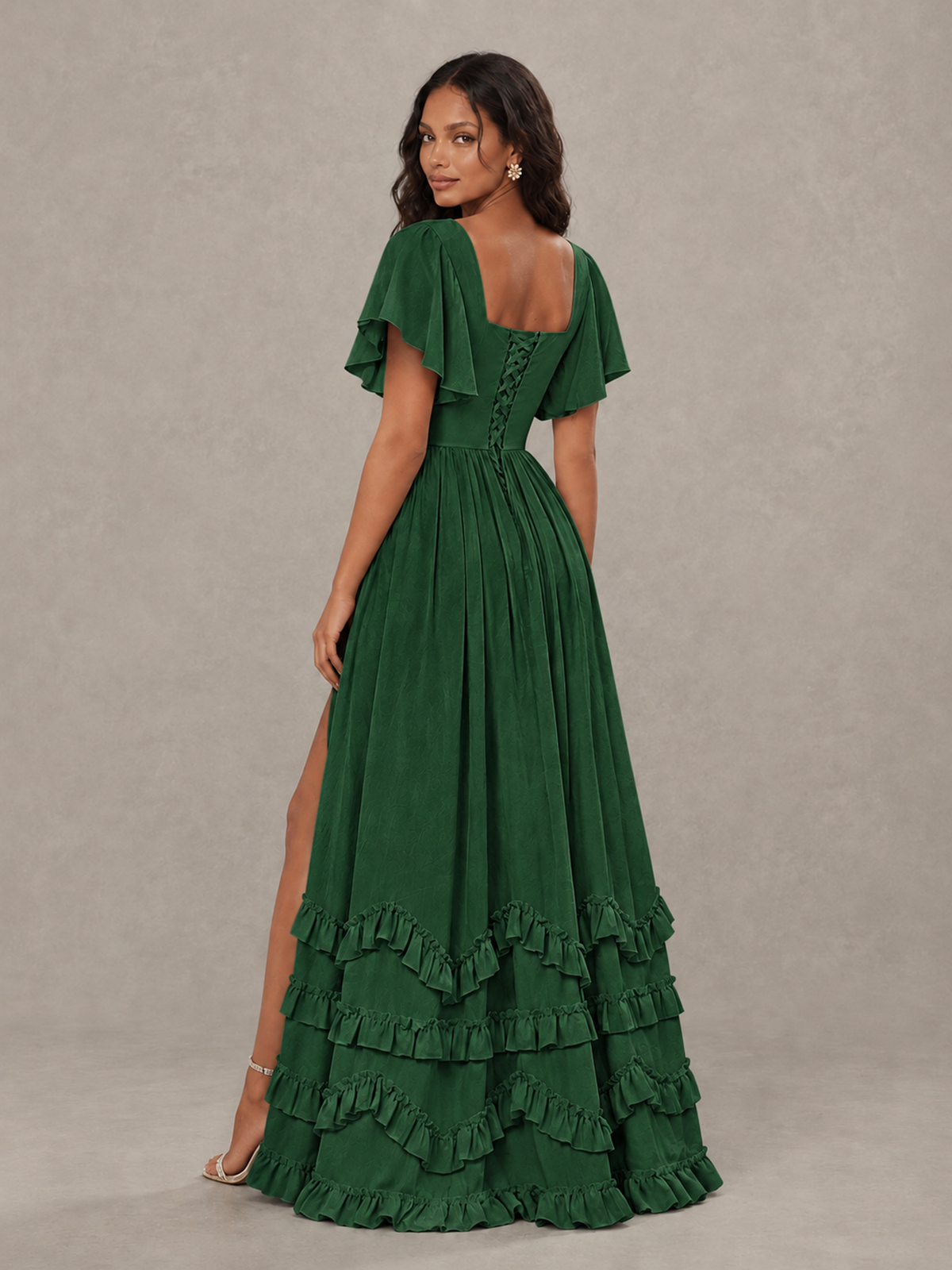 BOLODOO Emerald Green V-Neck Flutter Sleeve Ruffle Bridesmaid Dress with Slit - Emerald Green - Emerald Green (2)