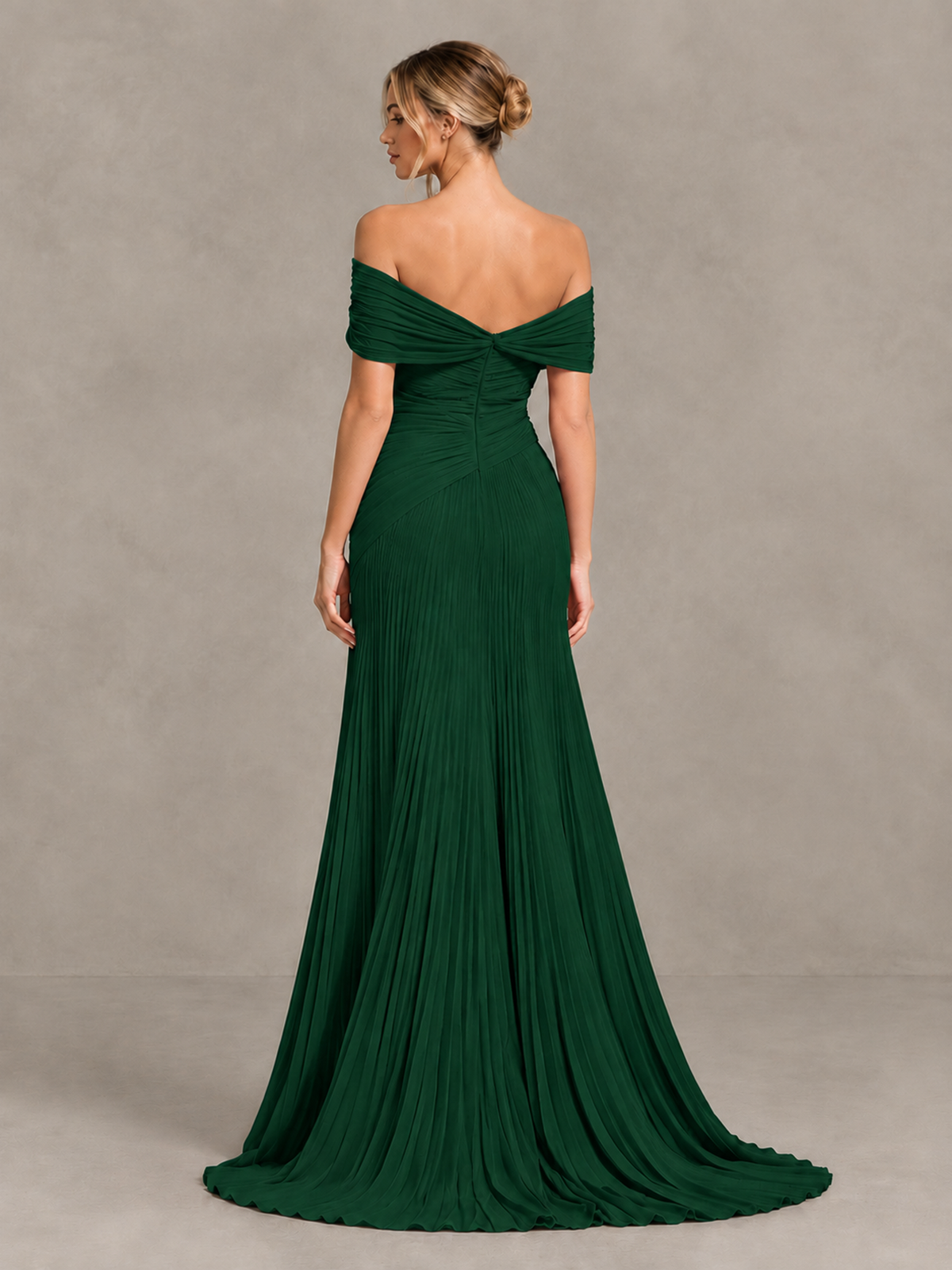 BOLODOO Emerald Green Off-Shoulder Ruched Pleated Maxi Dress with High Slit - Emerald Green - Emerald Green (2)