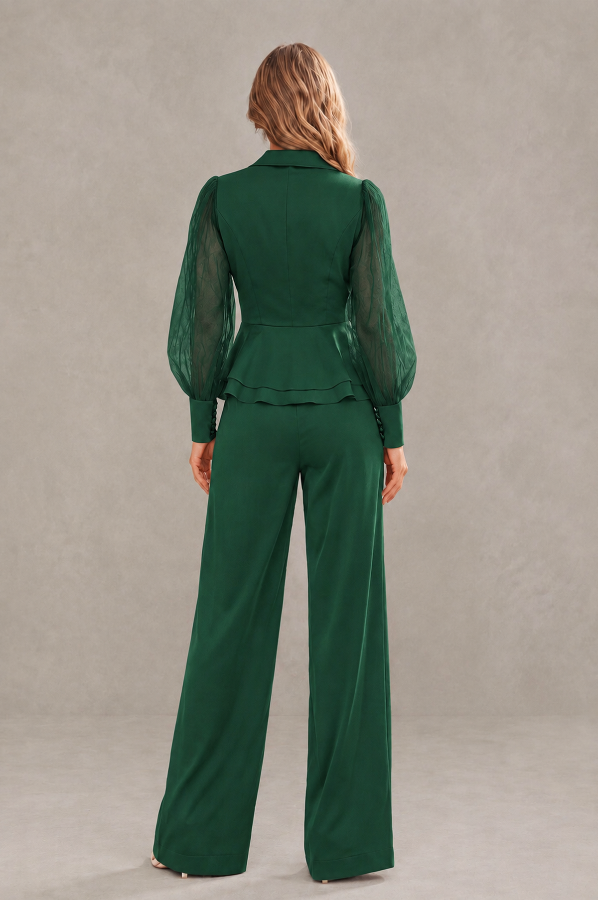 BOLODOO Mint Emerald Green Peplum Blazer Wide-Leg Pantsuit with Sheer Puff Sleeves - Emerald Green