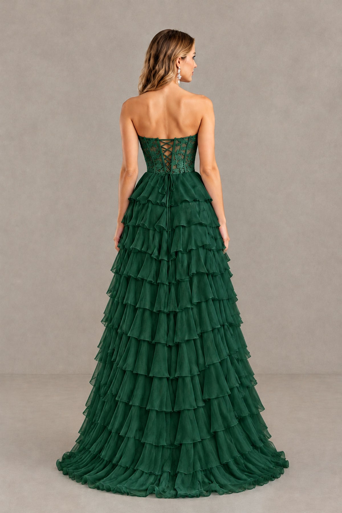 BOLODOO Emerald Green Strapless Lace Corset Tiered Ruffle Prom Dress with Slit - Emerald Green - Emerald Green (2)