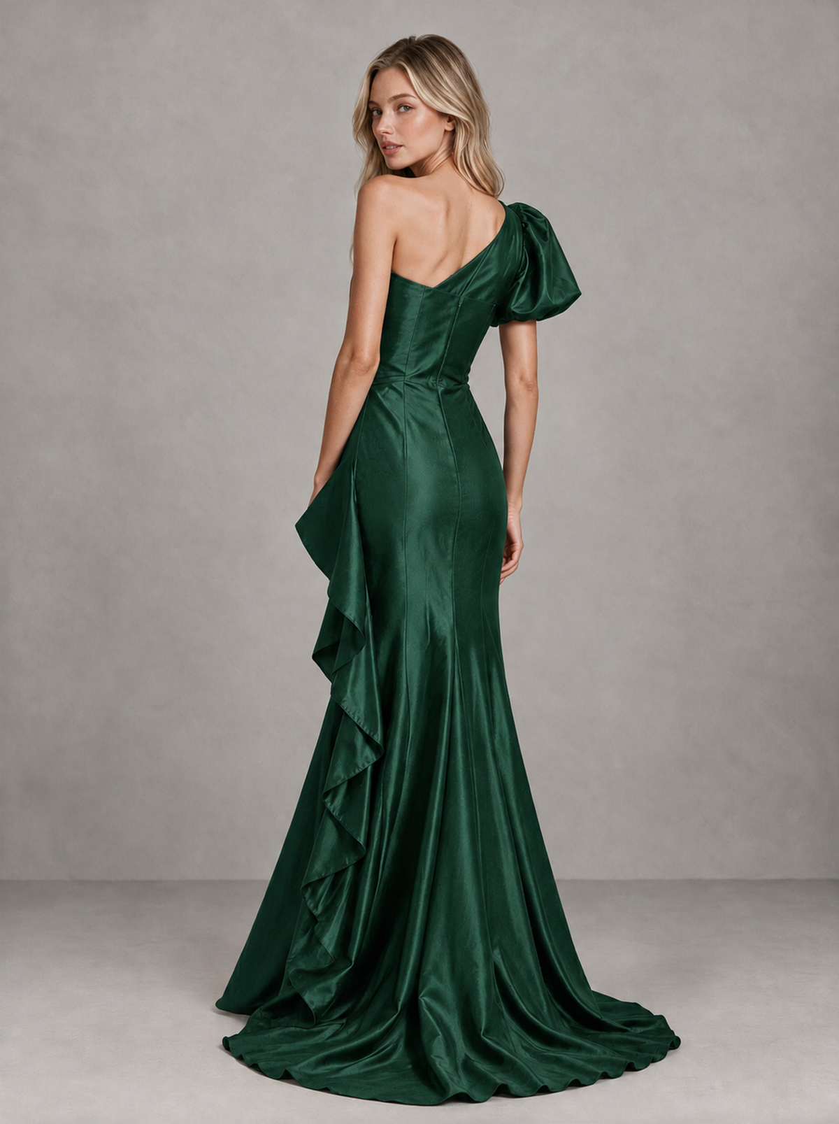 BOLODOO Emerald Green One-Shoulder Satin-Look Mermaid Evening Dress with Ruffles - Emerald Green - Emerald Green (2)
