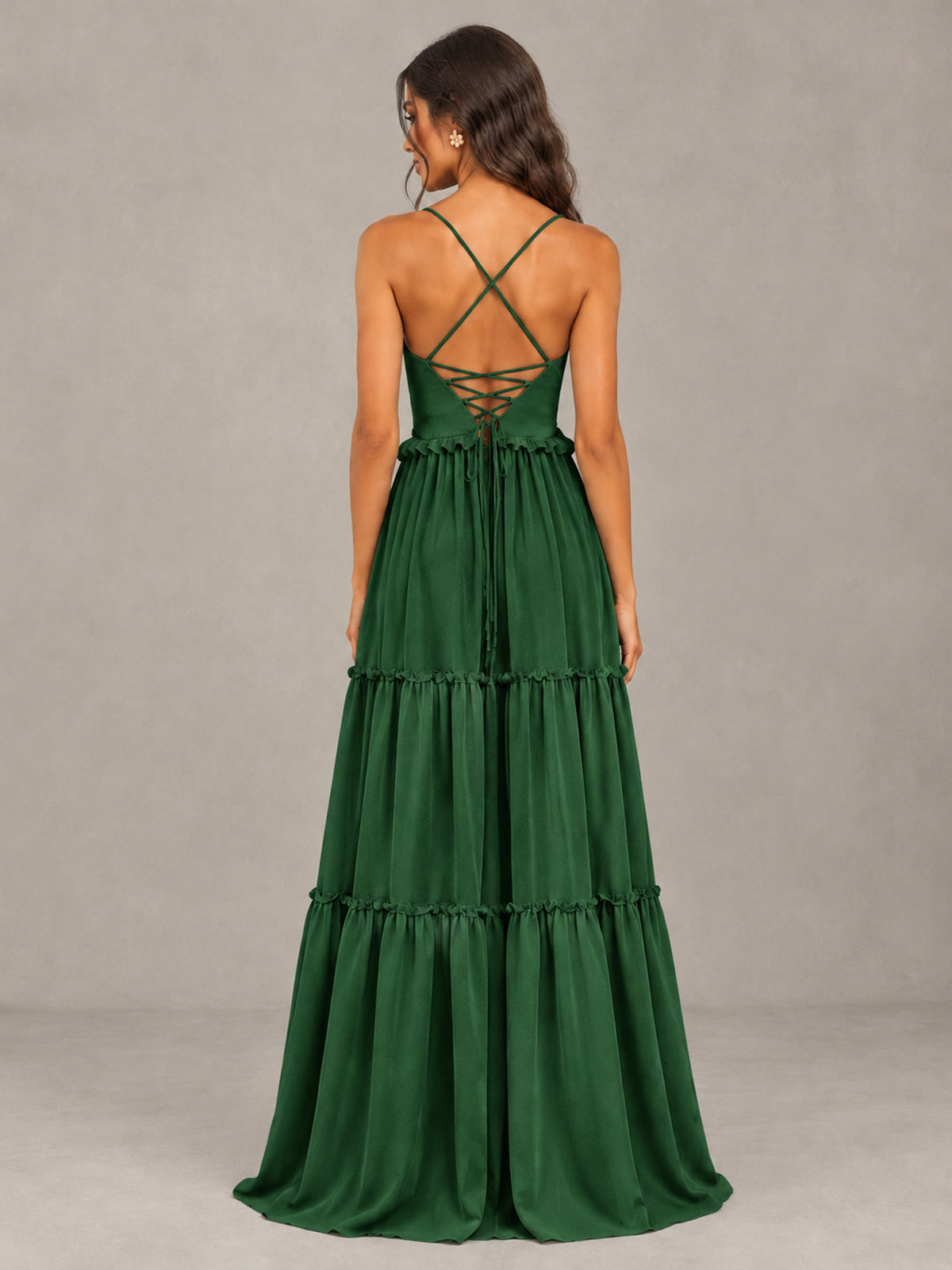 BOLODOO Emerald Green Tiered V-Neck Lace-Up Back Bridesmaid Dress - Emerald Green - Emerald Green (2)