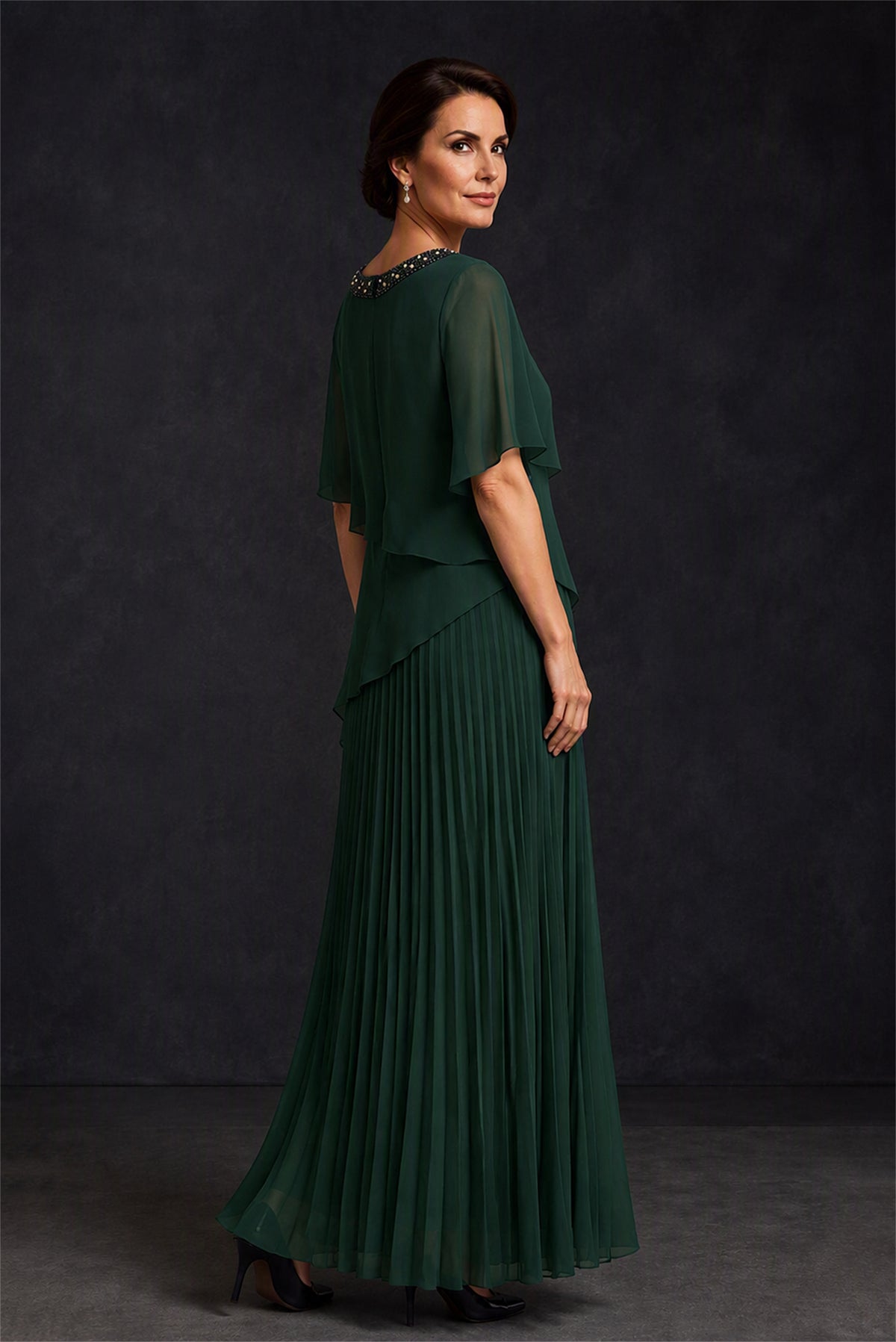 BOLODOO Emerald Green Pearl Beaded Neck Asymmetric Tiered Flutter Sleeve Pleated Chiffon Maxi Dress - Emerald Green