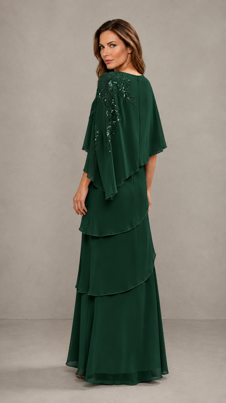 BOLODOO Emerald Green Mocha Asymmetric Cape Sleeve Emerald Green Sequin Embroidered Pearl Trim Tiered Chiffon Gown - Emerald Green