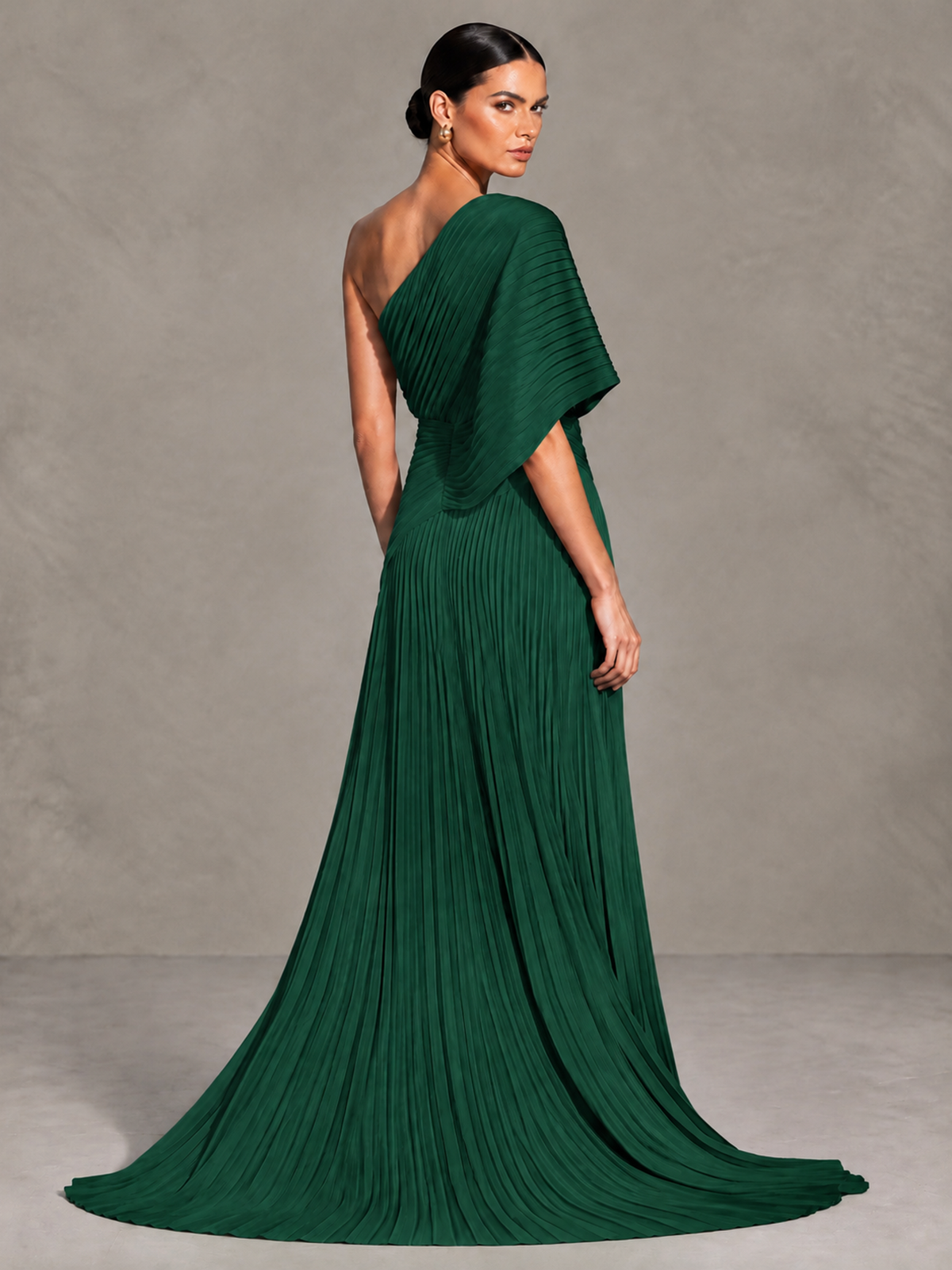 BOLODOO Emerald Green One-Shoulder Pleated Cape Evening Gown with Train - Emerald Green - Emerald Green (2)
