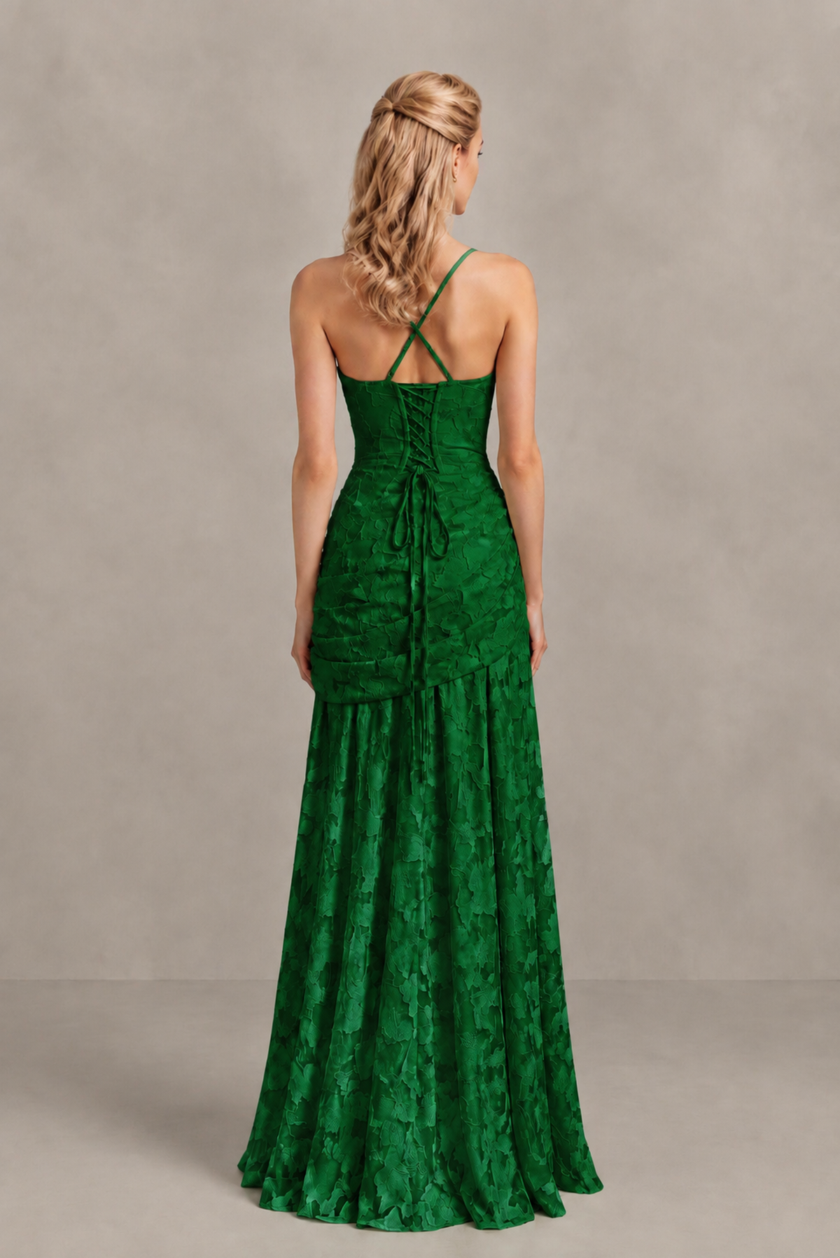 BOLODOO Emerald Green Ruched Floral Maxi Dress with Lace-Up Back - Emerald Green