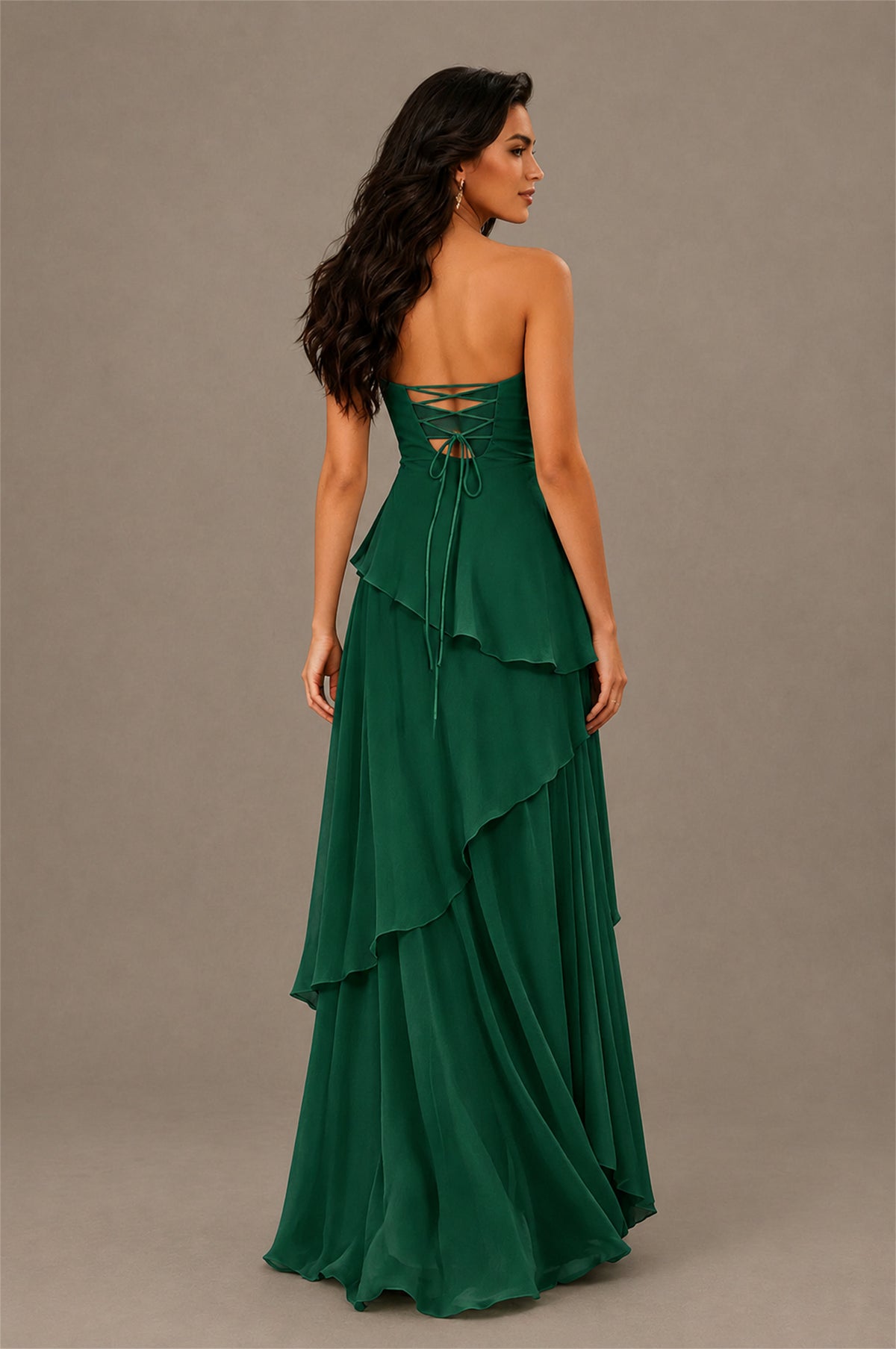 BOLODOO Emerald Green Strapless Sweetheart Knotted Chiffon Tiered Maxi Dress with Lace-Up Back - Emerald Green