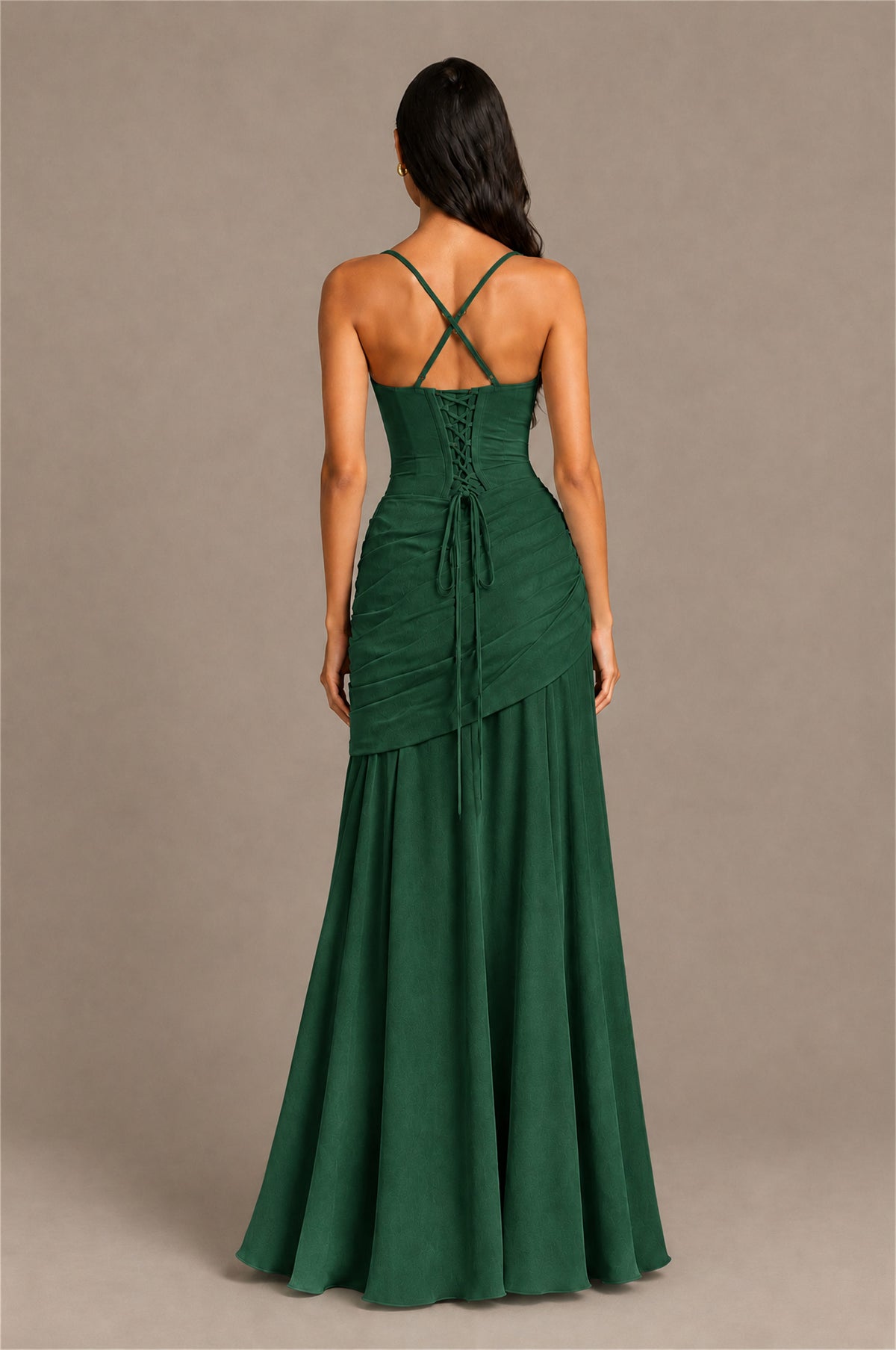 BOLODOO Square Neck Ruched A-Line Maxi Dress - Emerald Green Backless Evening Gown - Emerald Green