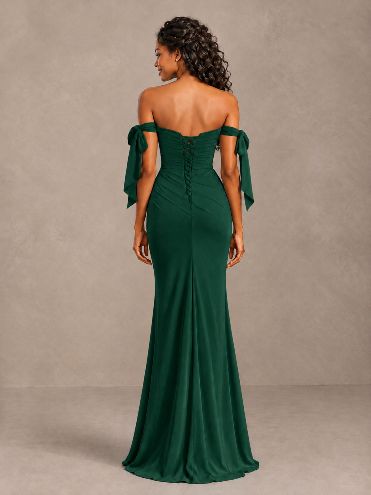 Emerald Green Off-Shoulder Bow Bridesmaid Dress with Slit - Emerald Green - Emerald Green (2)