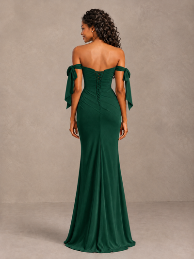 Emerald Green Off-Shoulder Bow Bridesmaid Dress with Slit - Emerald Green - Emerald Green (2)
