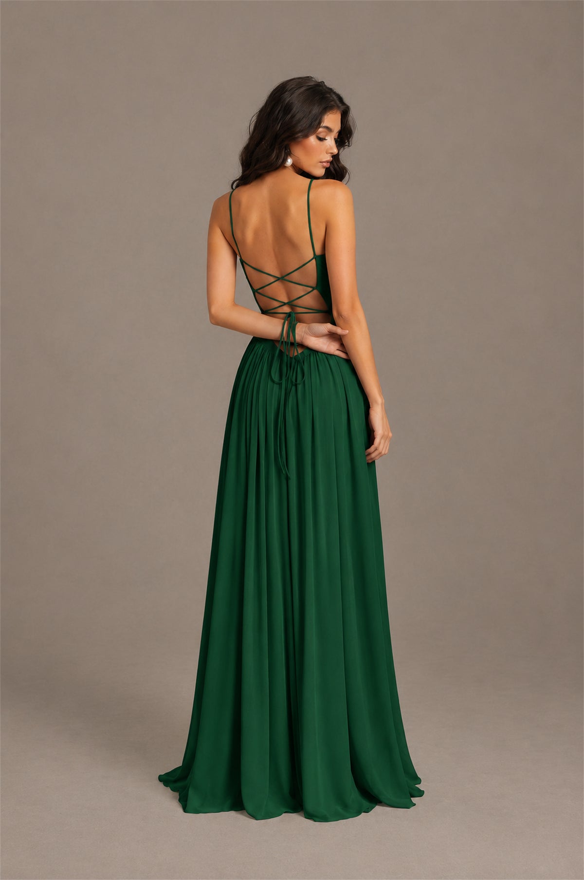 BOLODOO Emerald Green Spaghetti Strap Square Neck Ruched Chiffon Maxi Dress with Lace-Up Back - Emerald Green