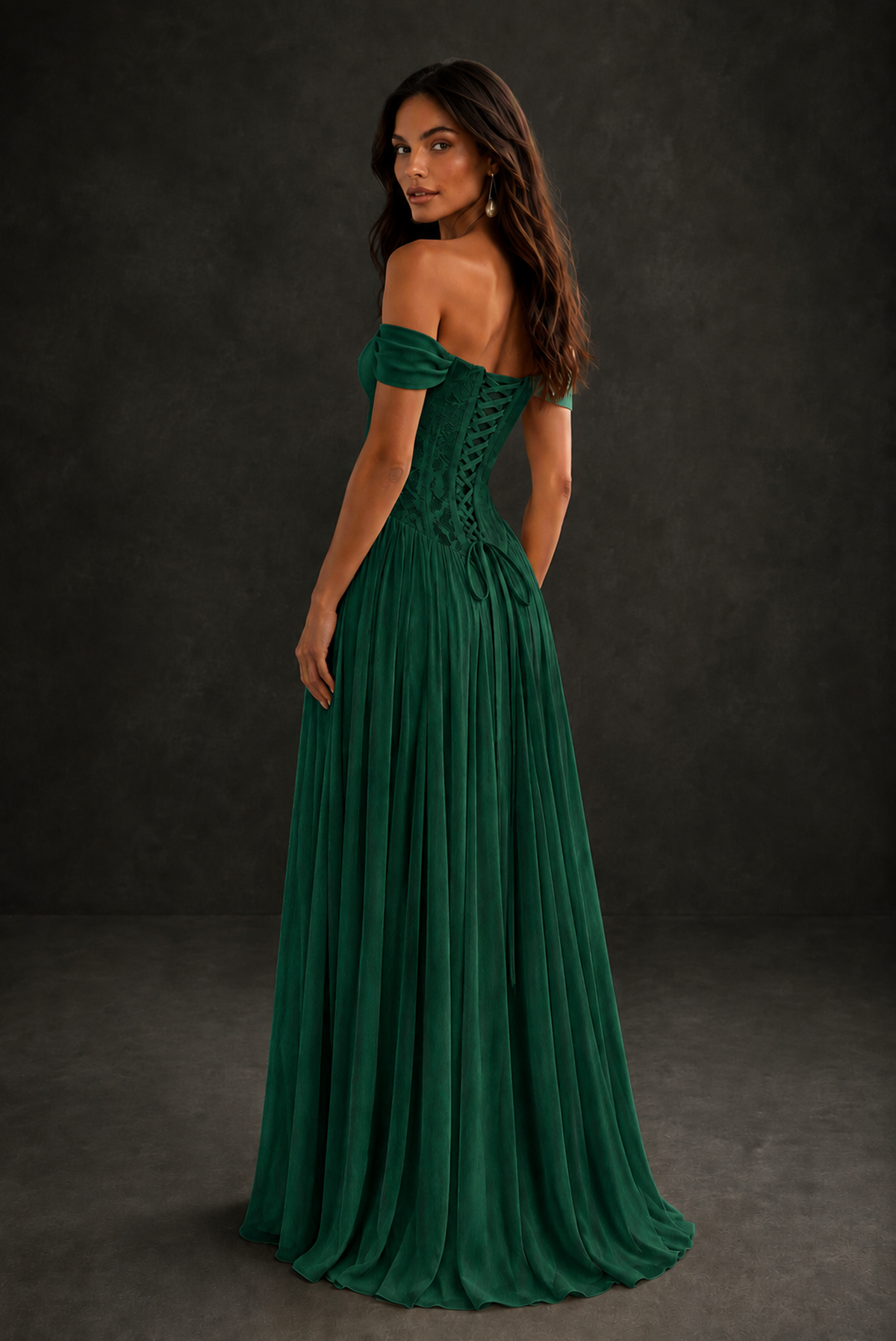 BOLODOO Emerald Green Off-Shoulder Lace Corset Tulle Maxi Dress - Emerald Green