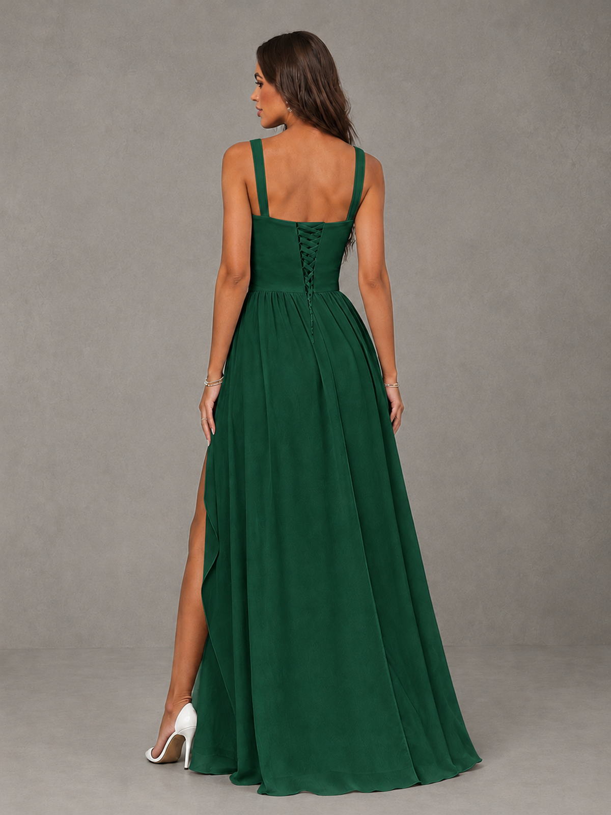 BOLODOO Emerald Green A-Line Bridesmaid Dress with High Slit & Lace-Up Back - Emerald Green - Emerald Green (2)