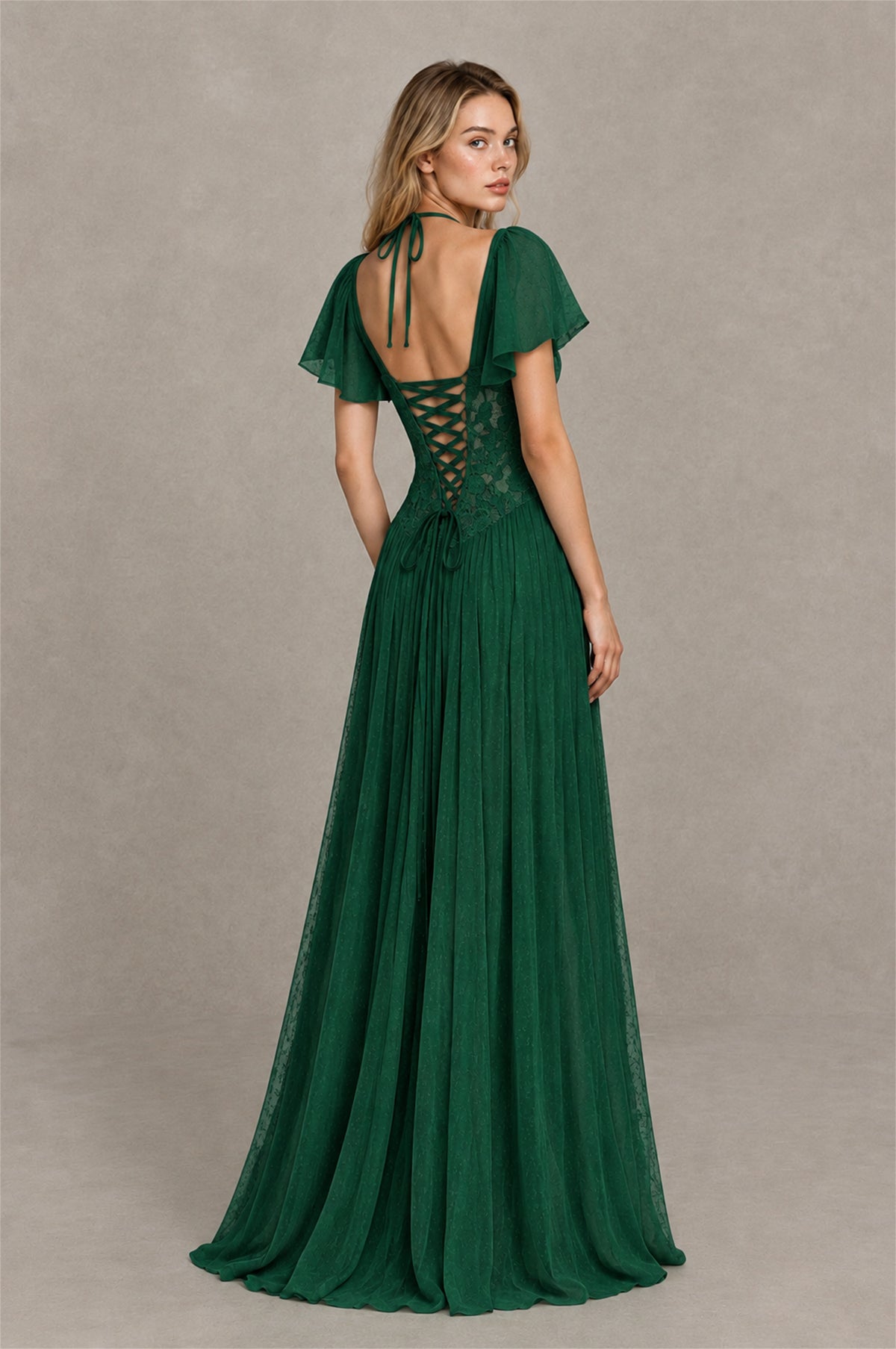 BOLODOO Emerald Green Flutter Sleeve Lace Corset A-Line Maxi Dress - Emerald Green - Emerald Green (2)