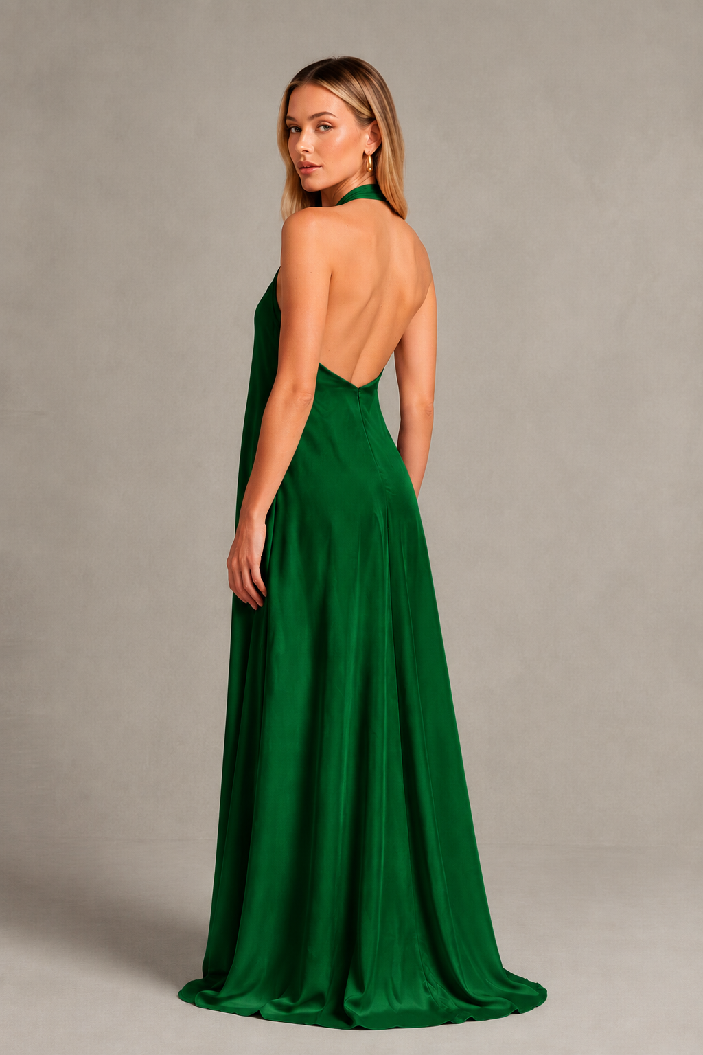 BOLODOO Emerald Green Backless Halter Satin Bridesmaid Dress - Emerald Green