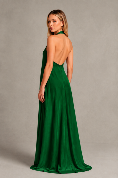BOLODOO Emerald Green Backless Halter Satin Bridesmaid Dress - Emerald Green