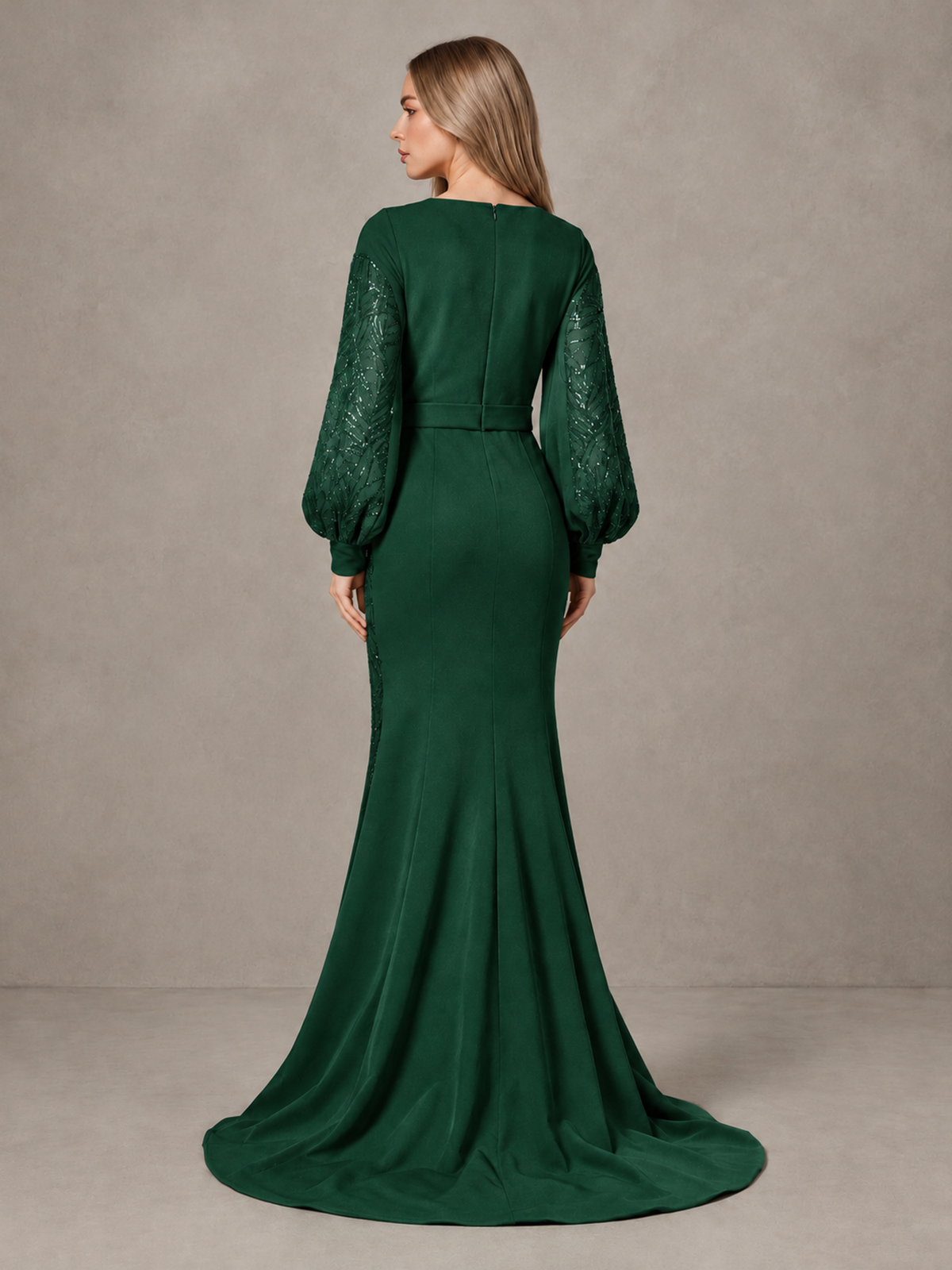 BOLODOO Emerald Green Sequin Long Bishop Sleeve Mermaid Evening Dress - Emerald Green - Emerald Green (2)