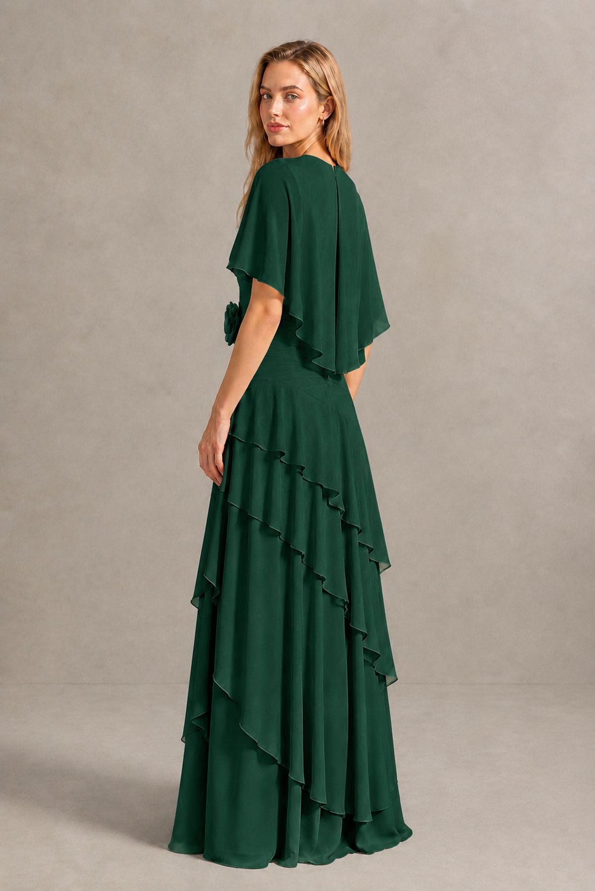 BOLODOO Emerald Green Chiffon Flutter Sleeve Tiered Maxi Dress with 3D Rosette - Emerald Green