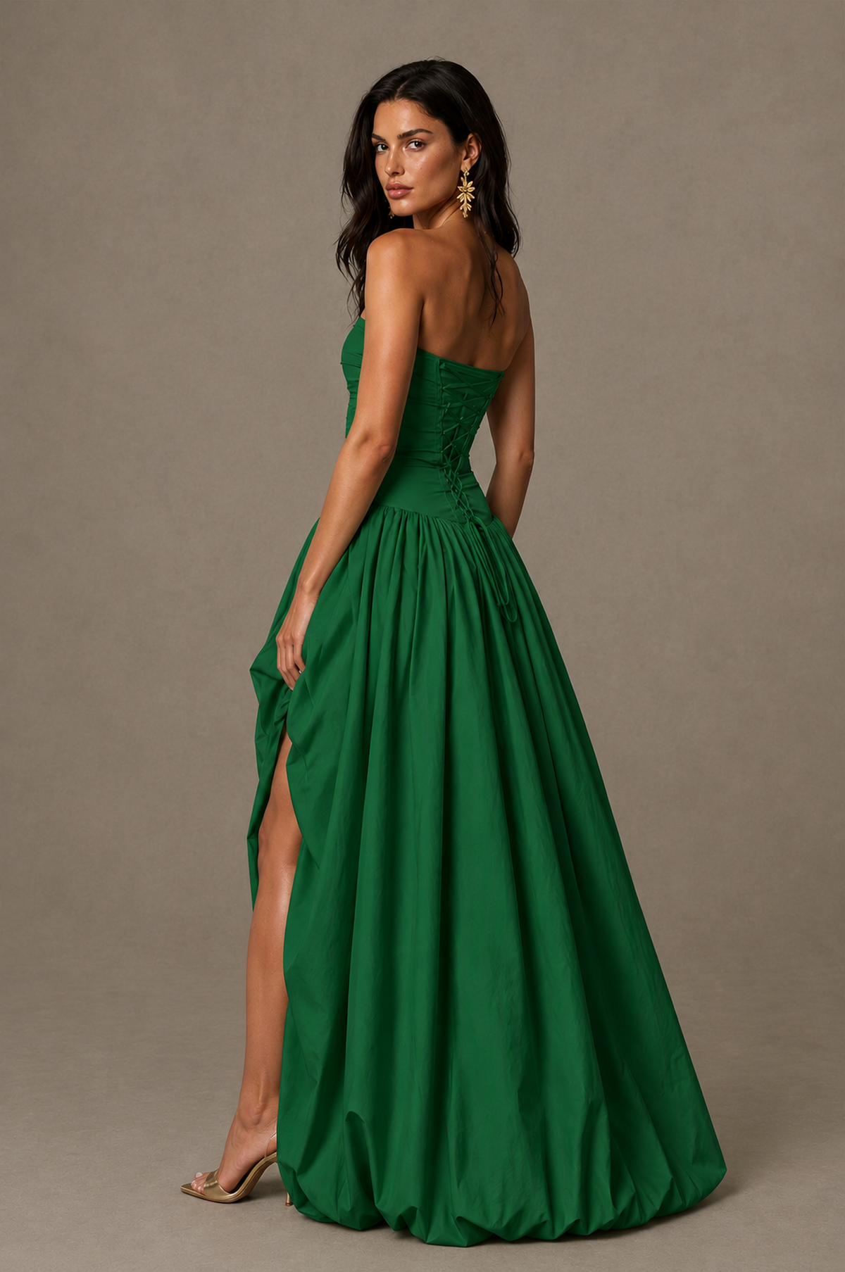 BOLODOO Emerald Green Strapless Ruched Corset Lace-Up Back Bubble Skirt High Slit Taffeta Maxi Dress - Emerald Green