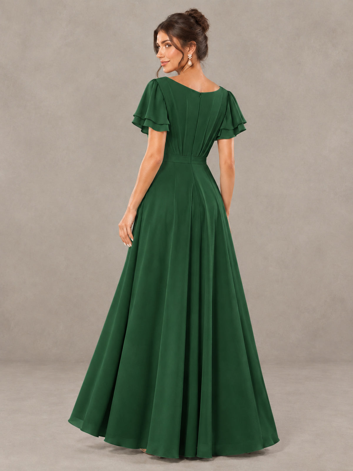 BOLODOO Emerald Green Flutter Sleeve Ruffle Bridesmaid Dress with Slit - Emerald Green - Emerald Green (2)