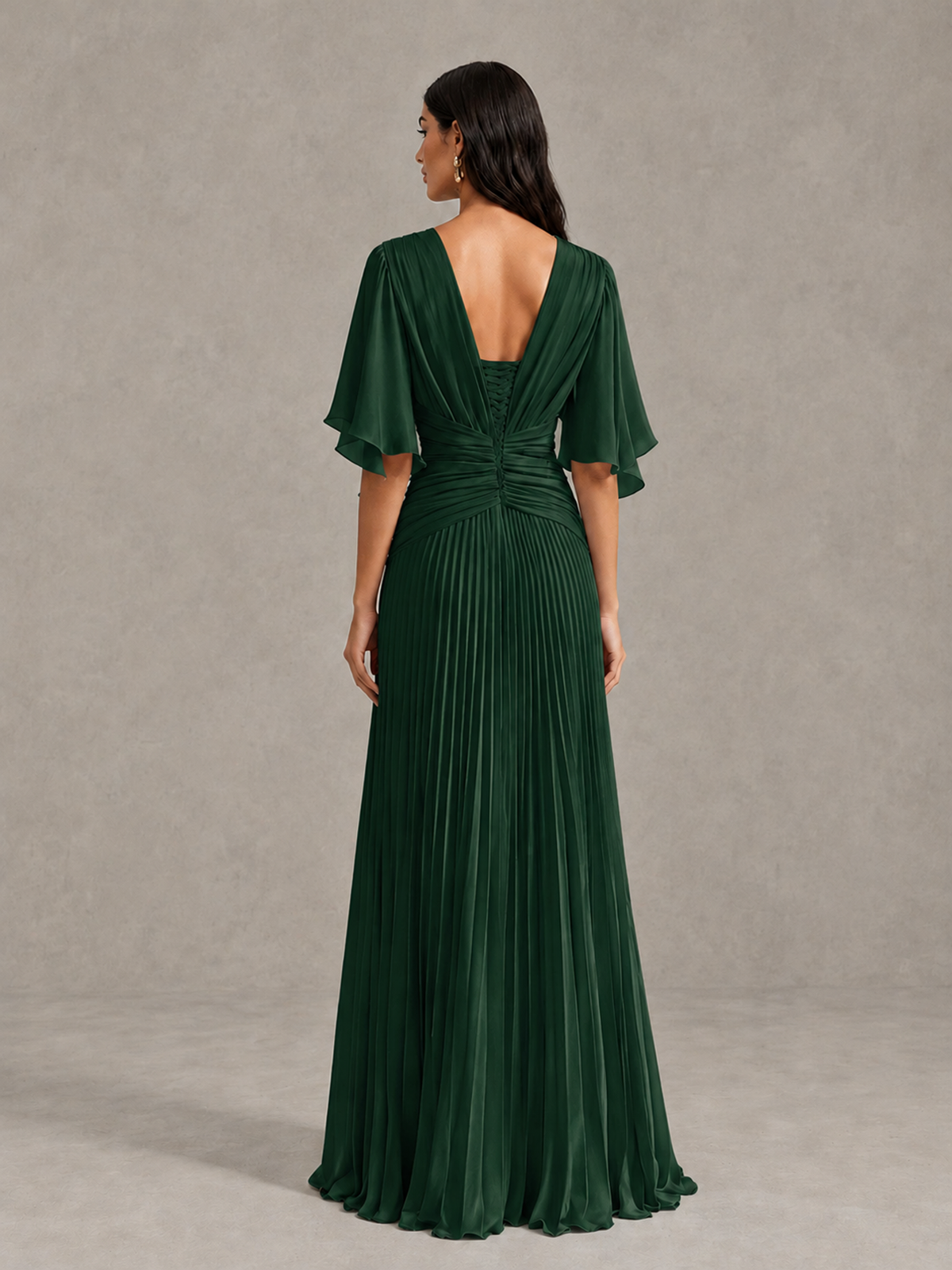 BOLODOO Emerald Green Pleated V-Neck Flutter Sleeve Bridesmaid Dress - Emerald Green - Emerald Green (2)