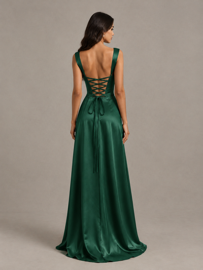 BOLODOO Emerald Green Satin Lace-Up Bridesmaid Dress with Slit - Emerald Green - Emerald Green (2)