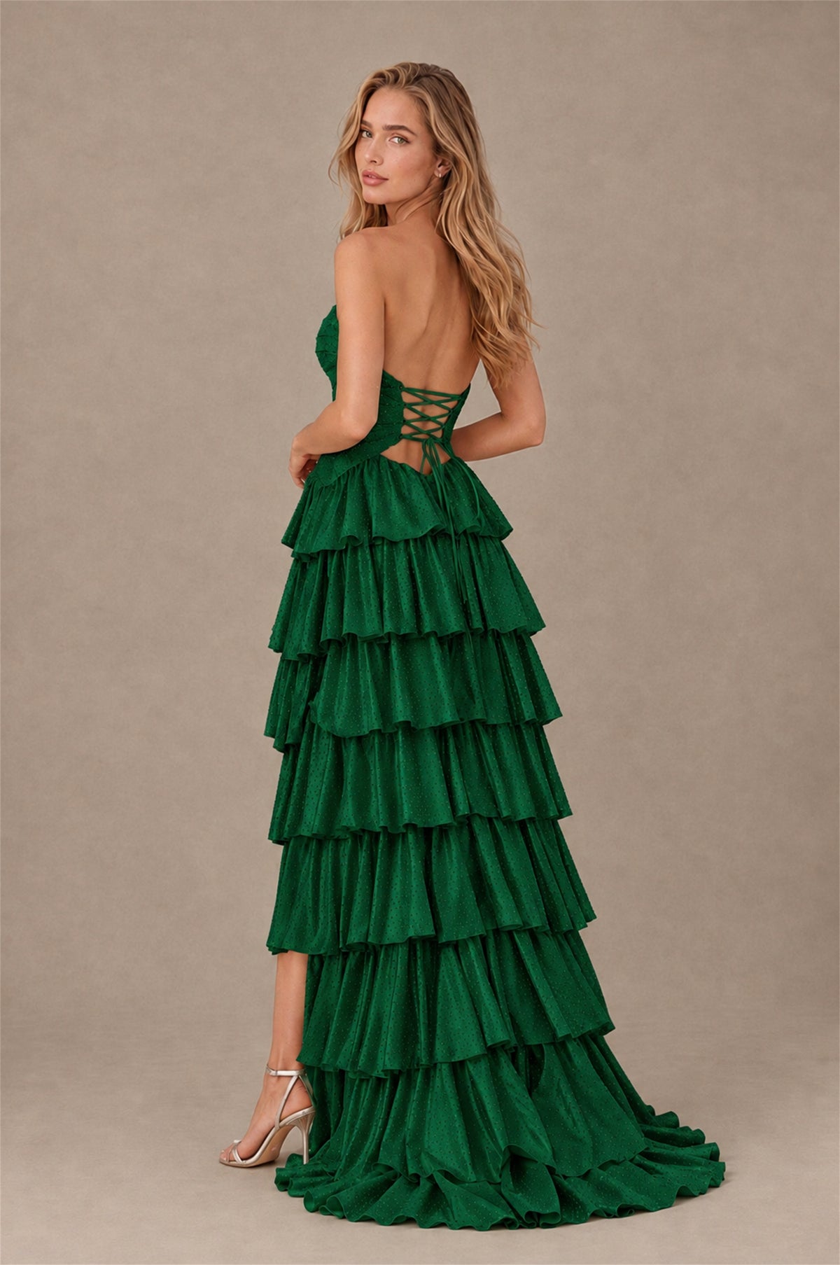 BOLODOO Emerald Green Strapless Cutout Tiered Ruffle Prom Dress with High Slit - Emerald Green - Emerald Green (2)