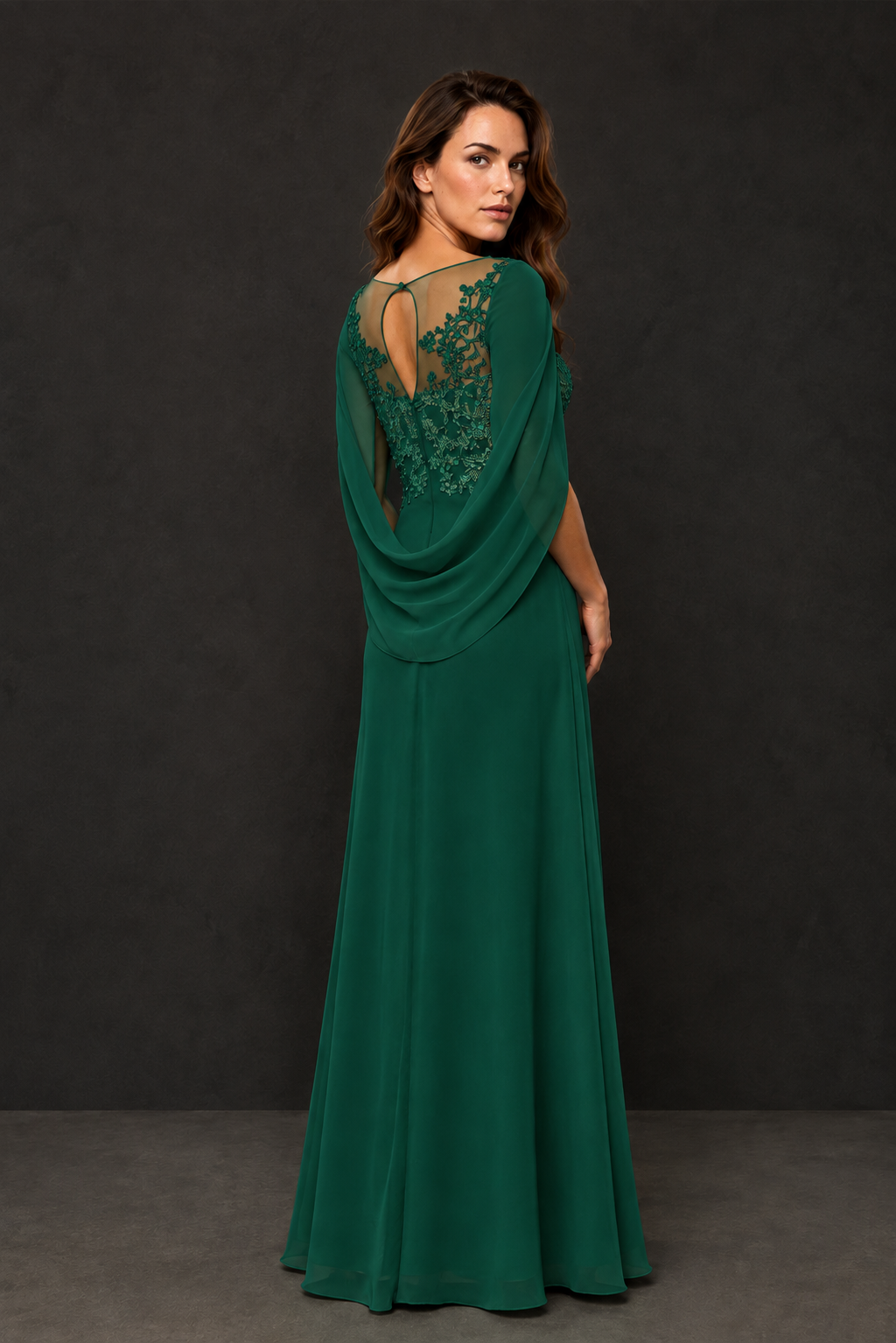 BOLODOO Emerald Green Illusion Lace One-Side Cape Sleeve Beaded Chiffon Floor Length Gown | Mother of the Bride Evening Dress - Emerald Green