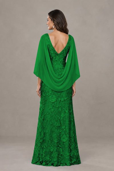 BOLODOO Emerald Green Lace Mother of the Bride Dress with Cape Sleeves - Emerald Green