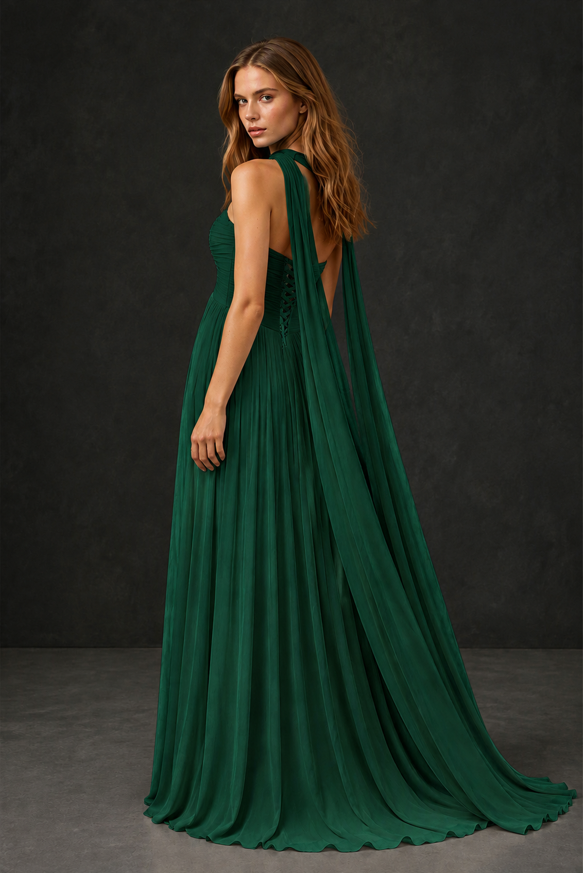 BOLODOO Emerald Green Sweetheart Strapless Twist Knot Detached Halter Scarf Lace-Up Back Empire Waist Chiffon Maxi Dress - Emerald Green