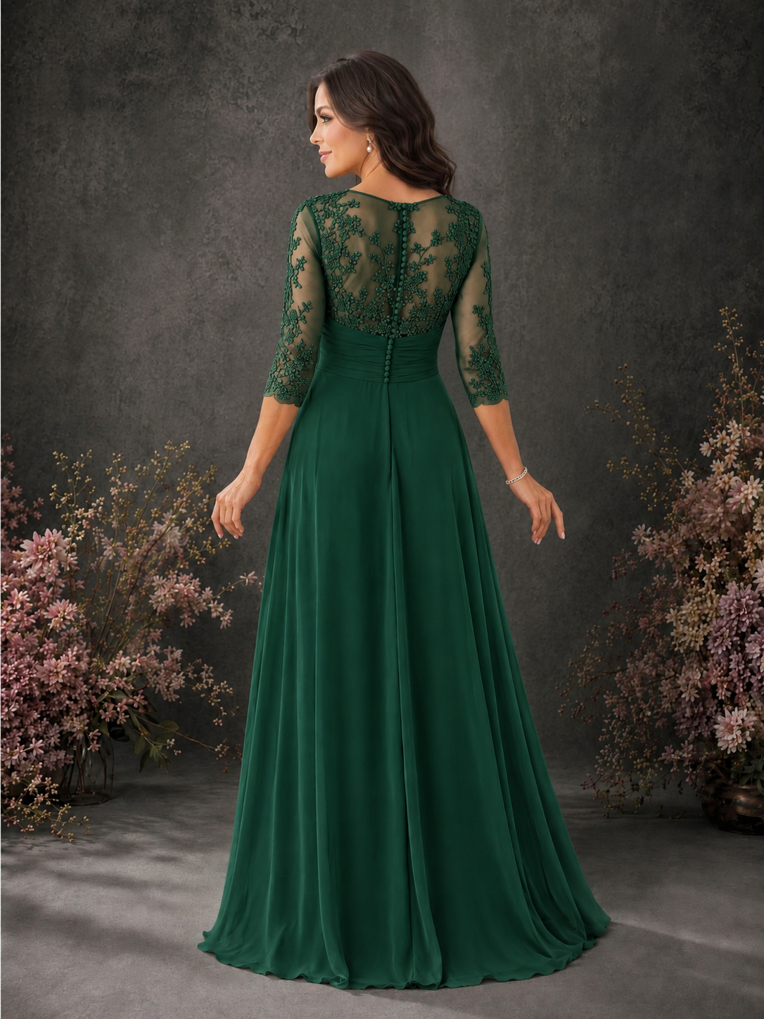 BOLODOO Emerald Green Chiffon Lace Illusion Neckline 3/4 Sleeve Floor Length Formal Gown - Emerald Green