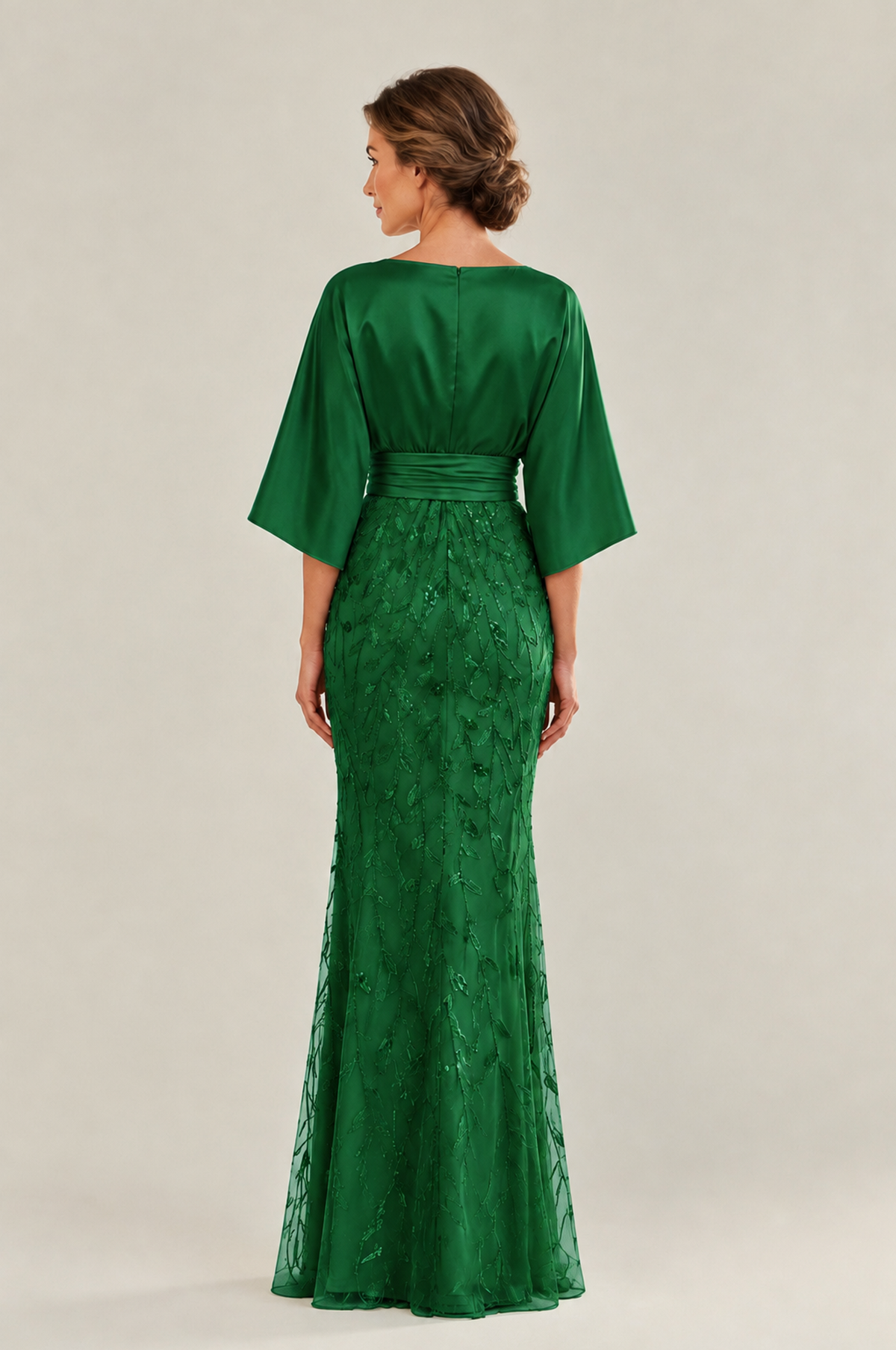 BOLODOO Emerald Green Mother of the Bride Dress with Kimono Sleeves, Satin Bodice & Sequin Embroidered Mermaid Floor-Length Gown - Emerald Green - Emerald Green (2)