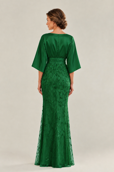 BOLODOO Emerald Green Mother of the Bride Dress with Kimono Sleeves, Satin Bodice & Sequin Embroidered Mermaid Floor-Length Gown - Emerald Green - Emerald Green (2)