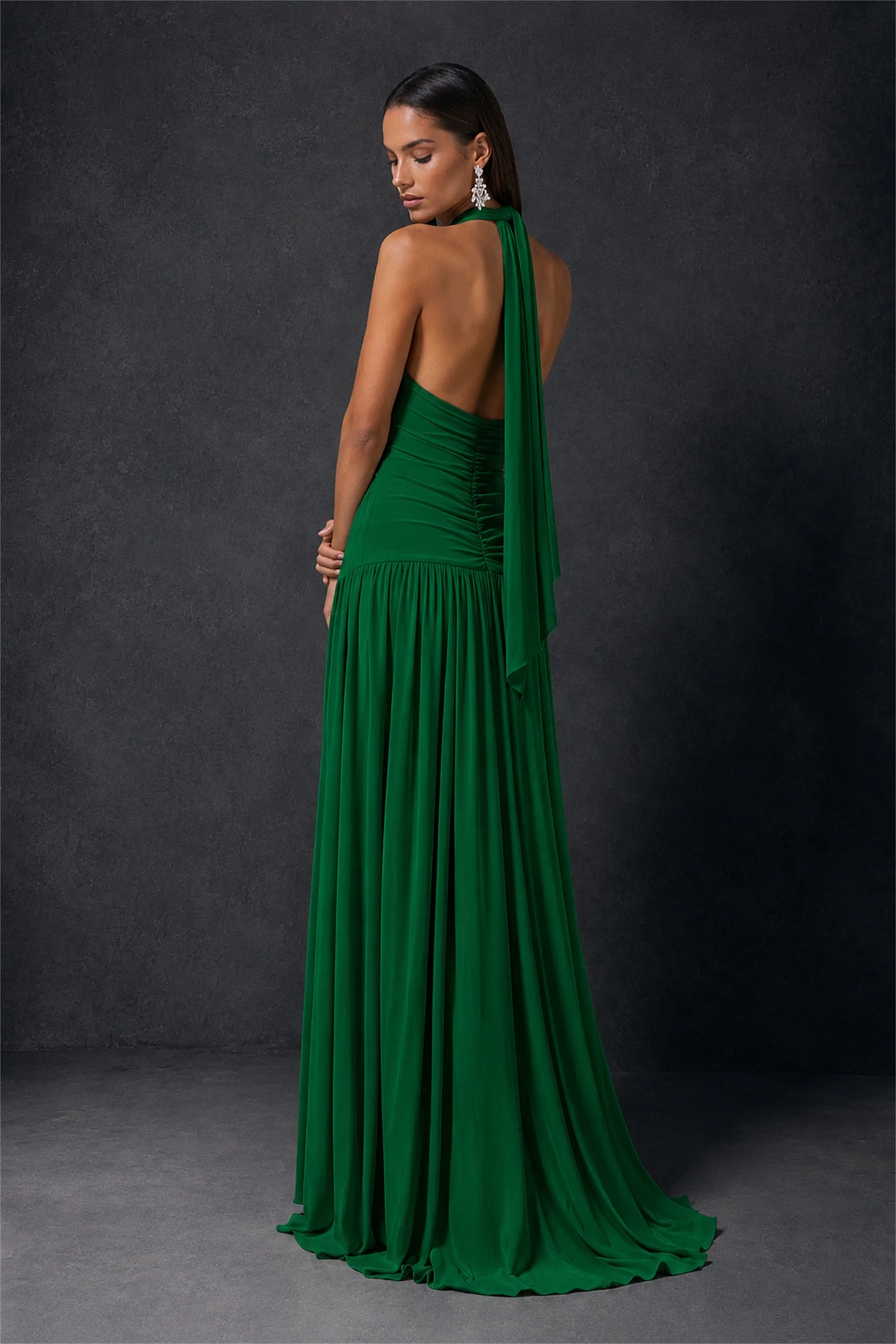 BOLODOO Emerald Green Halter Deep V-Neck Ruched Chiffon Open Back Maxi Dress with Draped Neck Tie - Emerald Green
