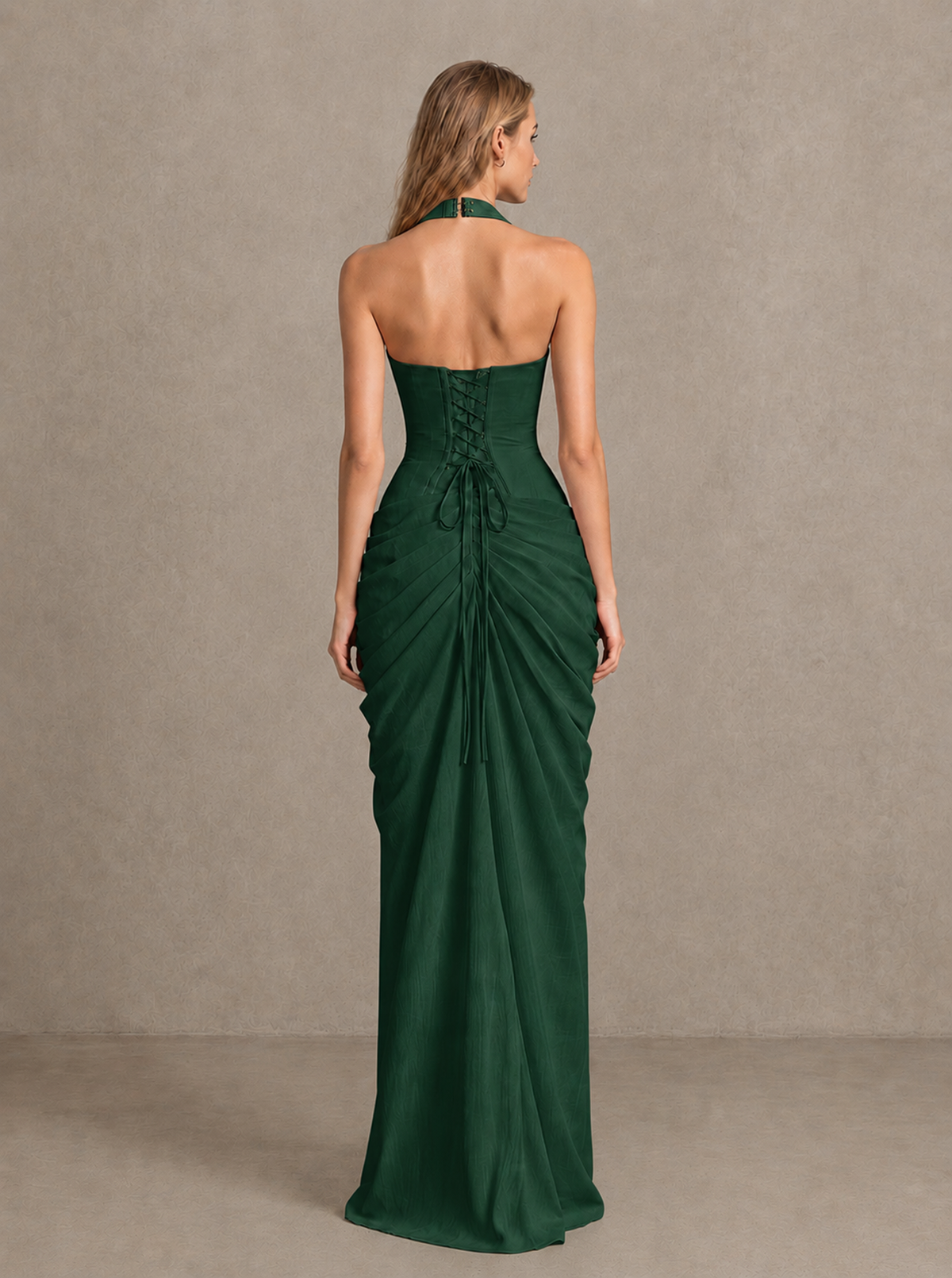 BOLODOO Emerald Green Halter Neck Ruched Maxi Dress with High Slit - Emerald Green