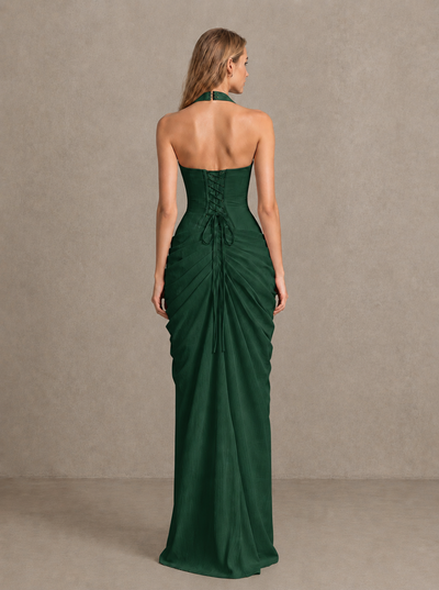 BOLODOO Emerald Green Halter Neck Ruched Maxi Dress with High Slit - Emerald Green