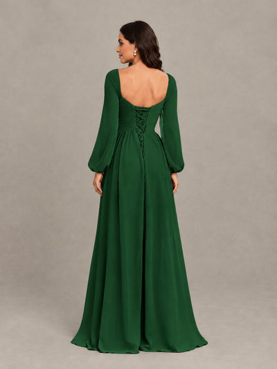 BOLODOO Emerald Green Long Sleeve Chiffon Bridesmaid Dress with Slit - Emerald Green - Emerald Green (2)