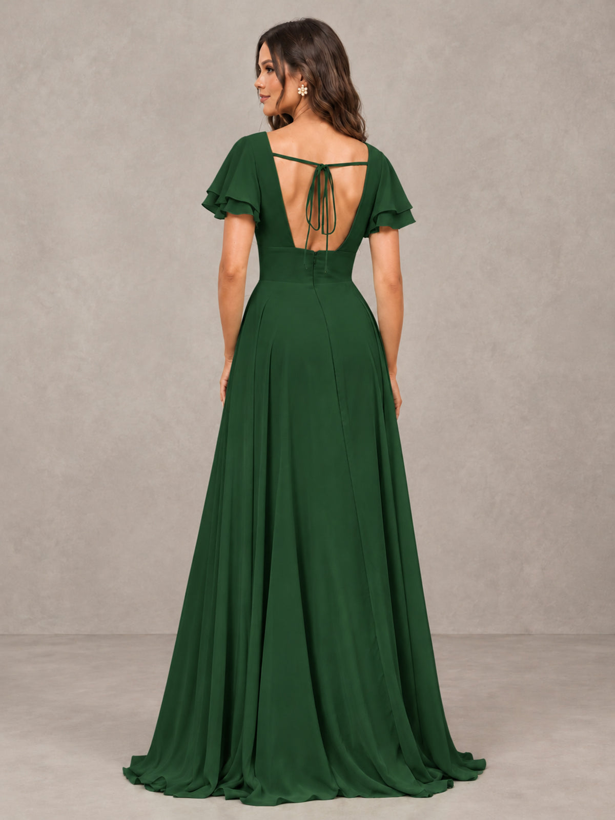BOLODOO Emerald Green Flutter Sleeve Chiffon A-Line Maxi Bridesmaid Dress with Open Back & Slit - Emerald Green - Emerald Green (2)