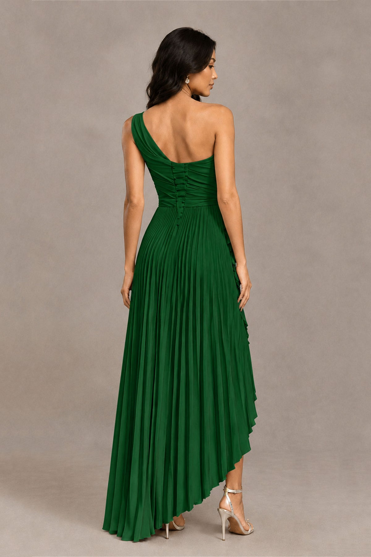 BOLODOO Emerald Green One-Shoulder High-Low Ruffle Maxi Dress - Emerald Green