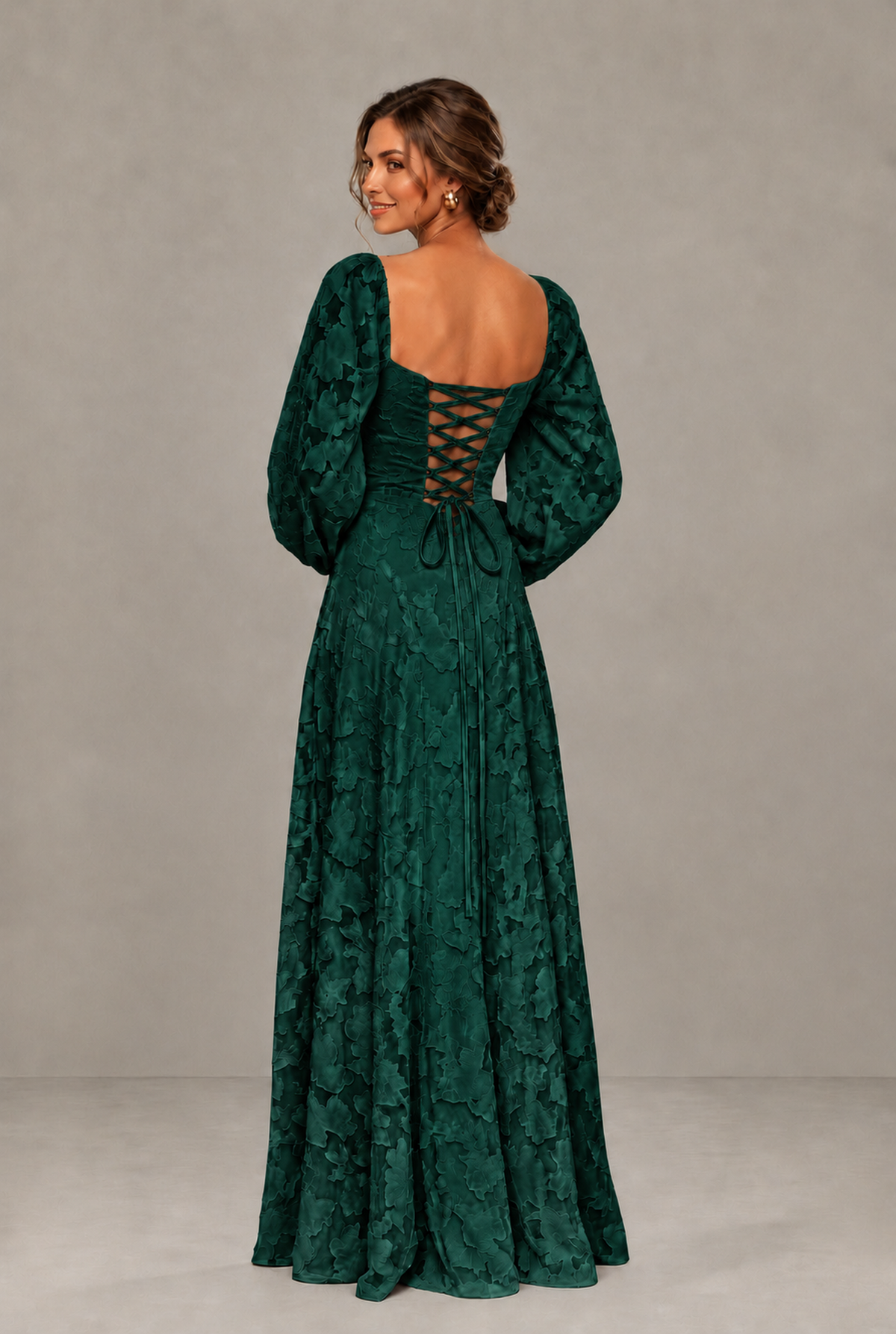 BOLODOO Floral Emerald Green Long Sleeve A-Line Dress with Lace-Up Back - Emerald Green